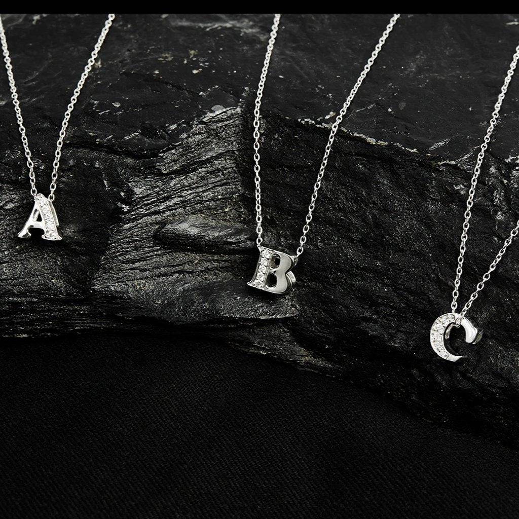 Diamond Initial Letter Pendant Necklace in Silver B, featuring a delicate initial pendant adorned with sparkling diamonds on a sterling silver chain.