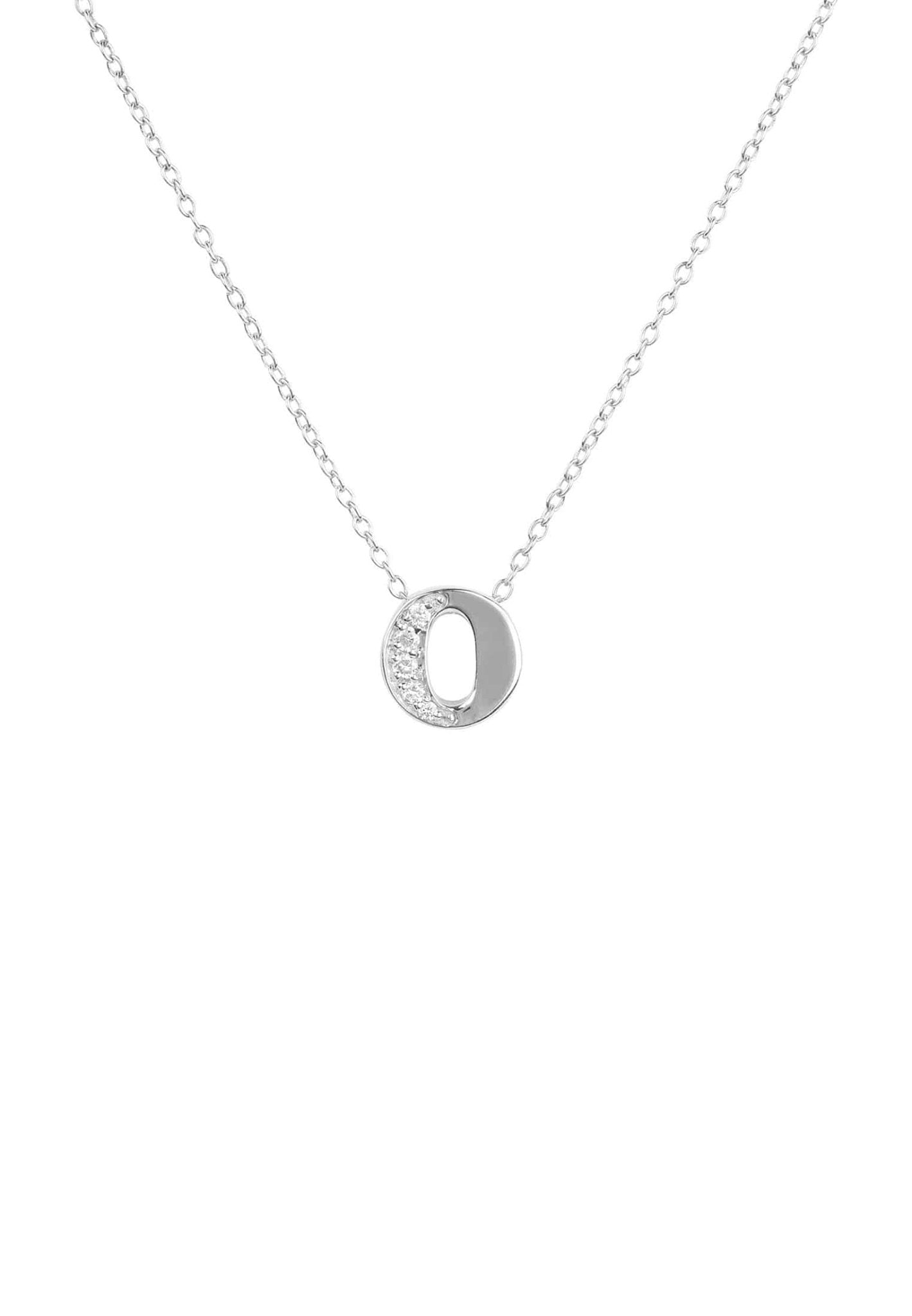 Diamond Initial Letter Pendant Necklace in Silver featuring the letter O, adorned with brilliant cut diamonds, elegantly displayed in a jewelry box.