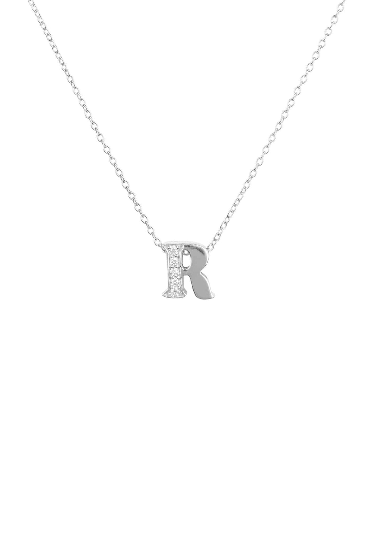 Elegant Diamond Initial Letter Pendant Necklace in Silver R, featuring a delicate design with sparkling diamonds set in sterling silver.