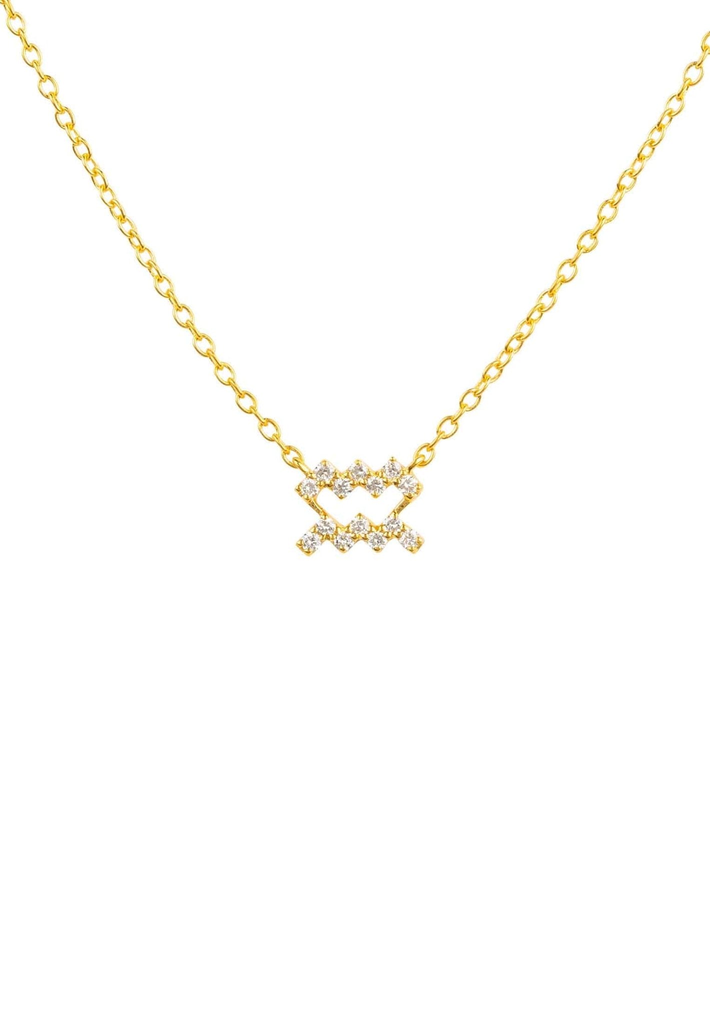 Elegant Diamond Zodiac Necklace in Gold featuring an Aquarius pendant, handcrafted with 925 sterling silver and brilliant cut diamonds.