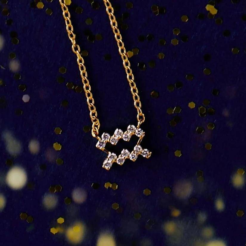 Elegant Diamond Zodiac Necklace in Gold featuring an Aquarius pendant, handcrafted with 925 sterling silver and brilliant cut diamonds.