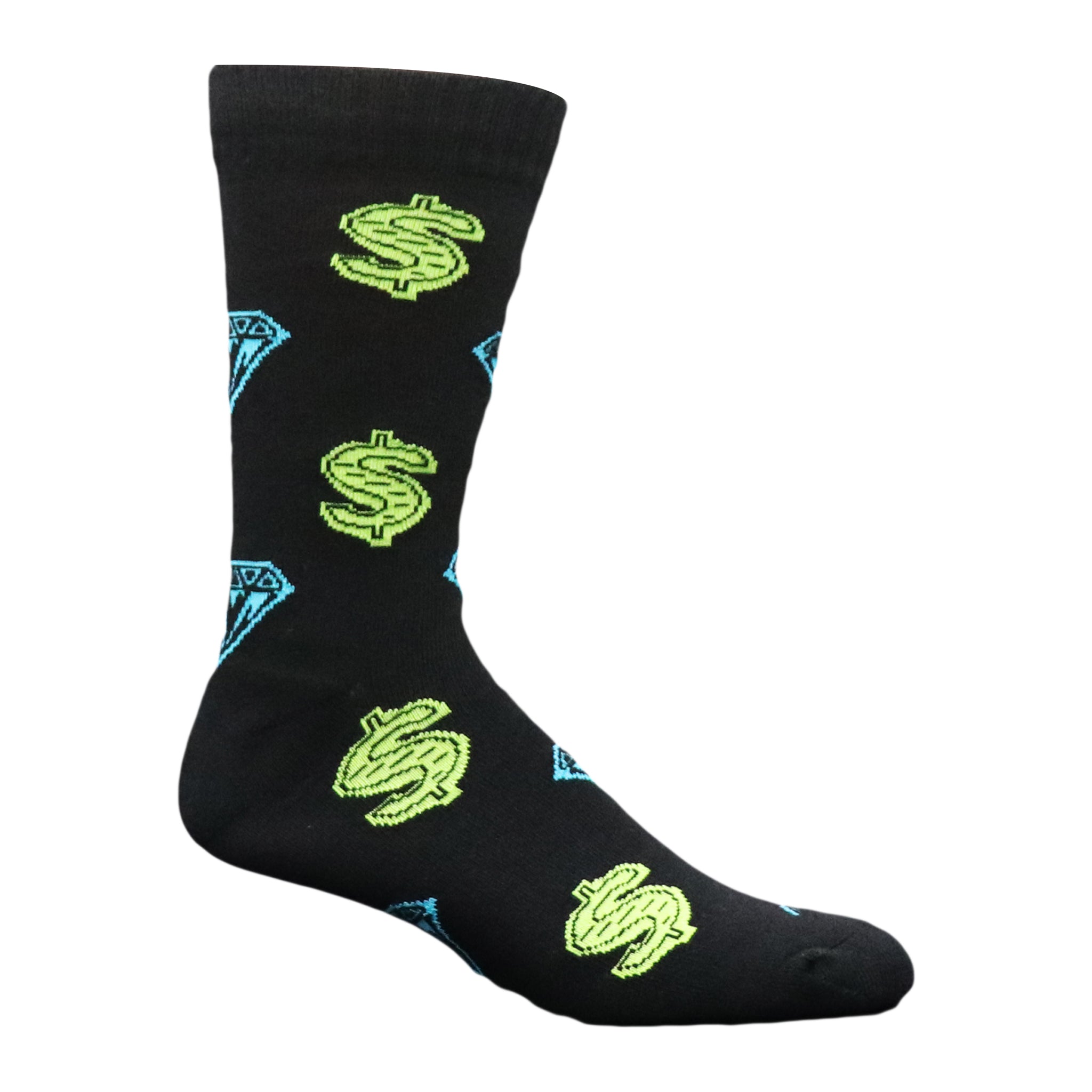 Diamonds and Dollars Crew Socks featuring neon dollar bills and diamonds on a black background, perfect for skaters and casual wear.