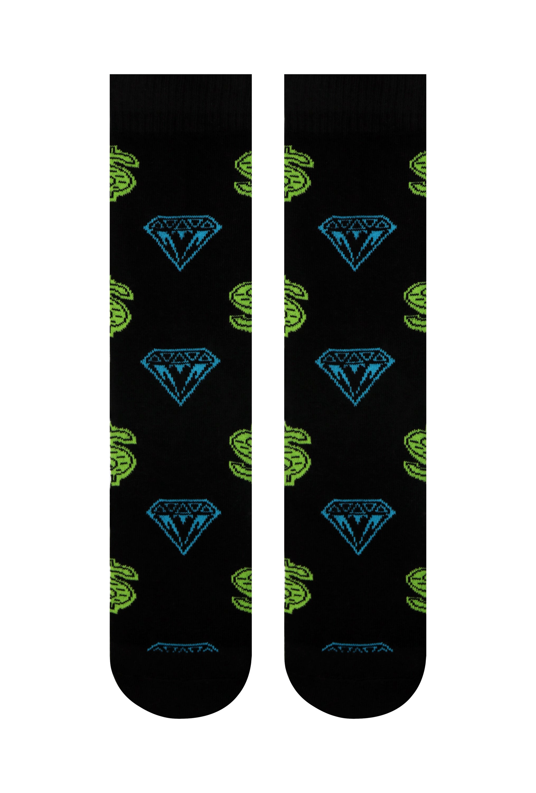 Diamonds and Dollars Crew Socks featuring neon dollar bills and diamonds on a black background, perfect for skaters and casual wear.