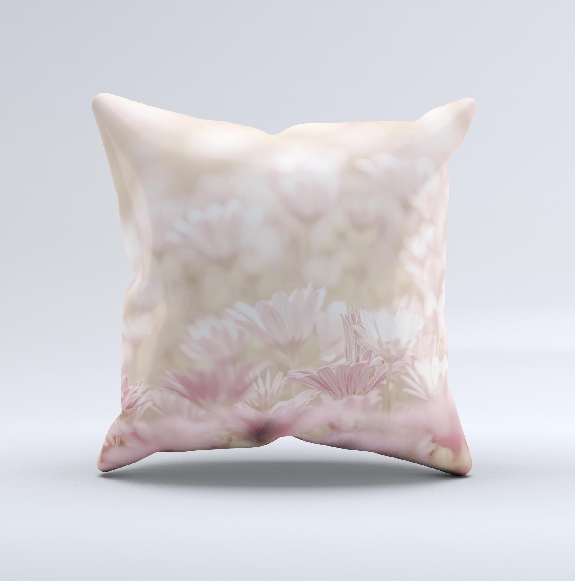 Distant Pink Flowerland Ink-Fuzed Decorative Throw Pillow featuring vibrant floral design, handmade in Virginia with high-quality materials.