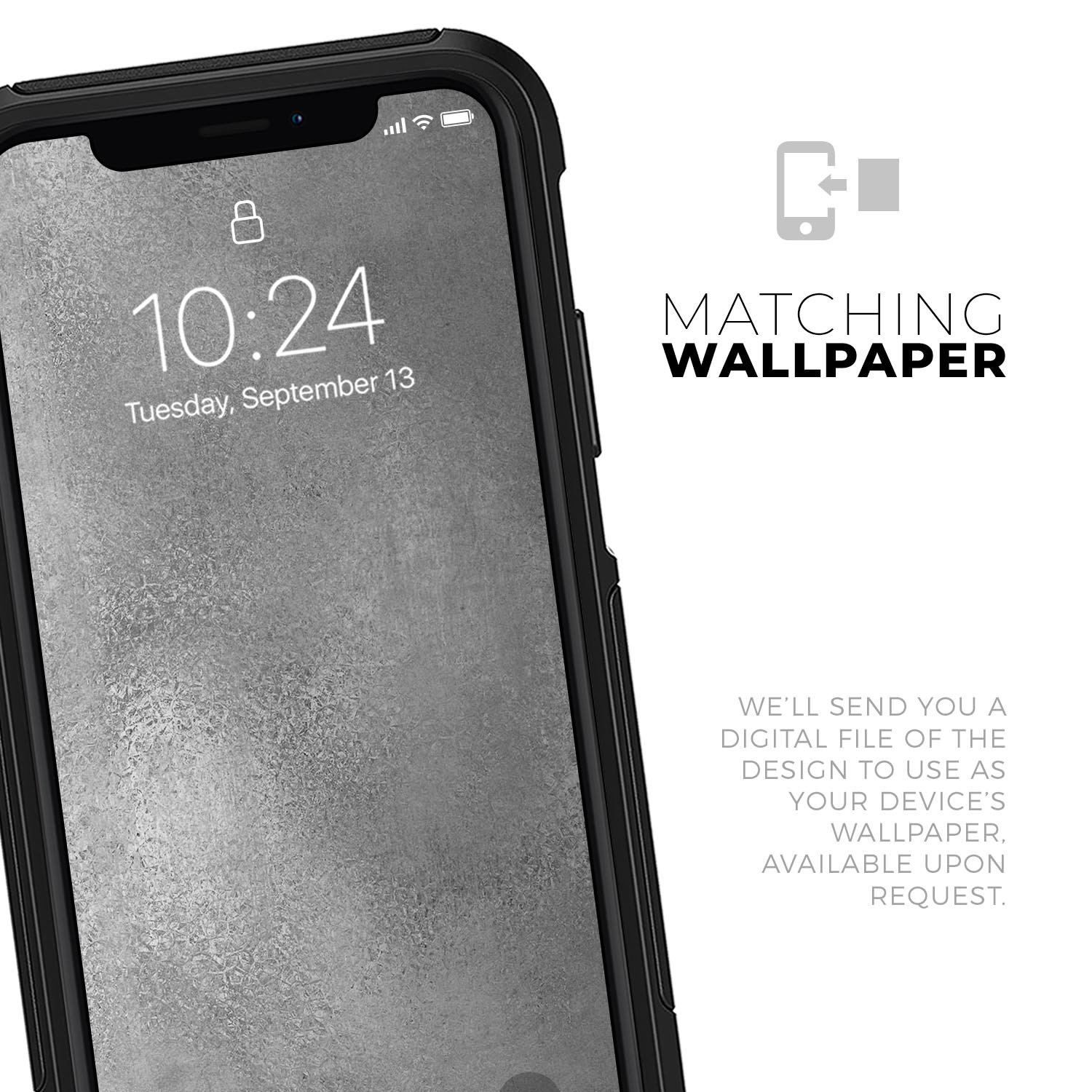 Distressed Silver Texture Skin Kit for iPhone OtterBox Cases, showcasing a stylish design with a textured silver finish.