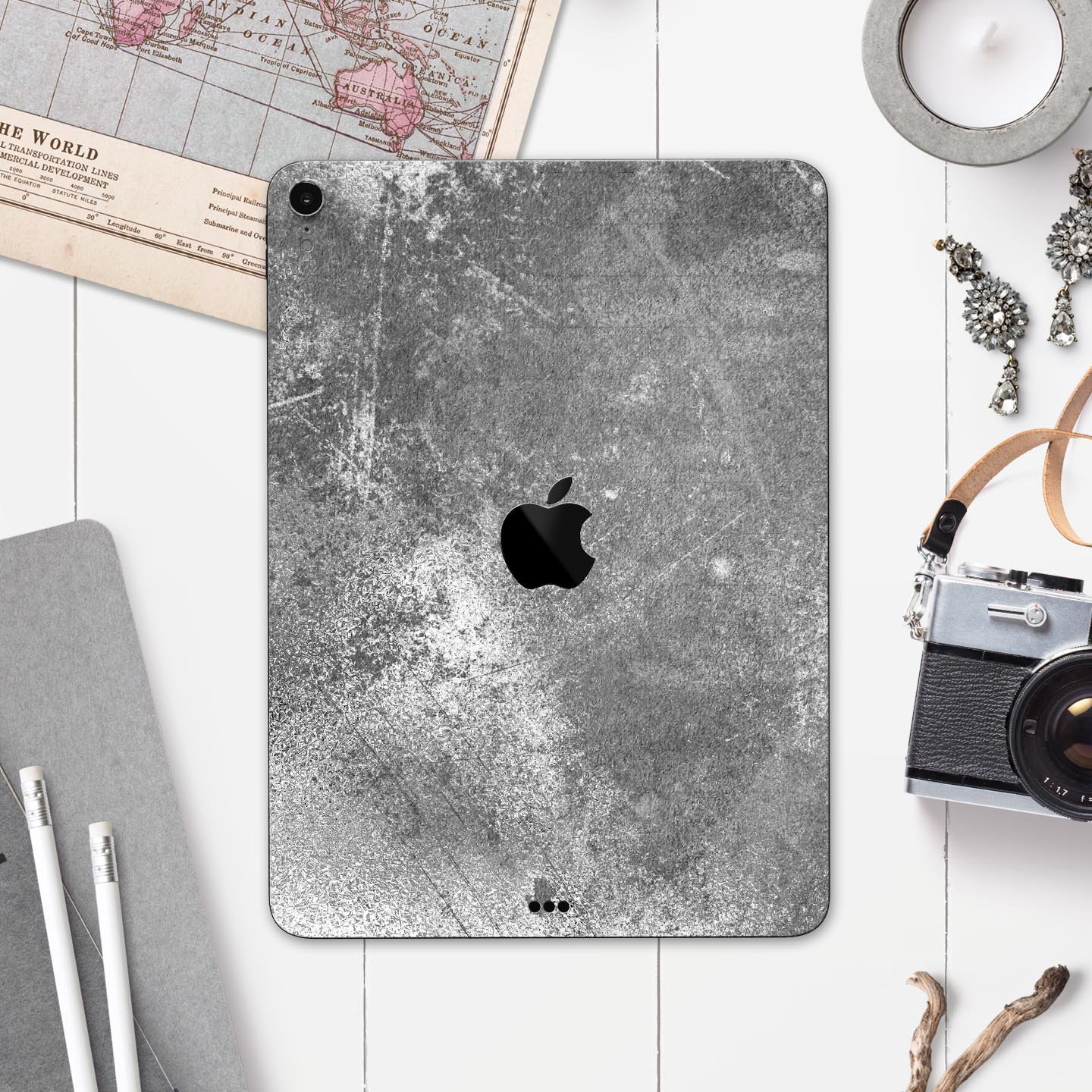 Distressed Silver Texture skin decal for Apple iPad, showcasing a sleek design and premium finish.