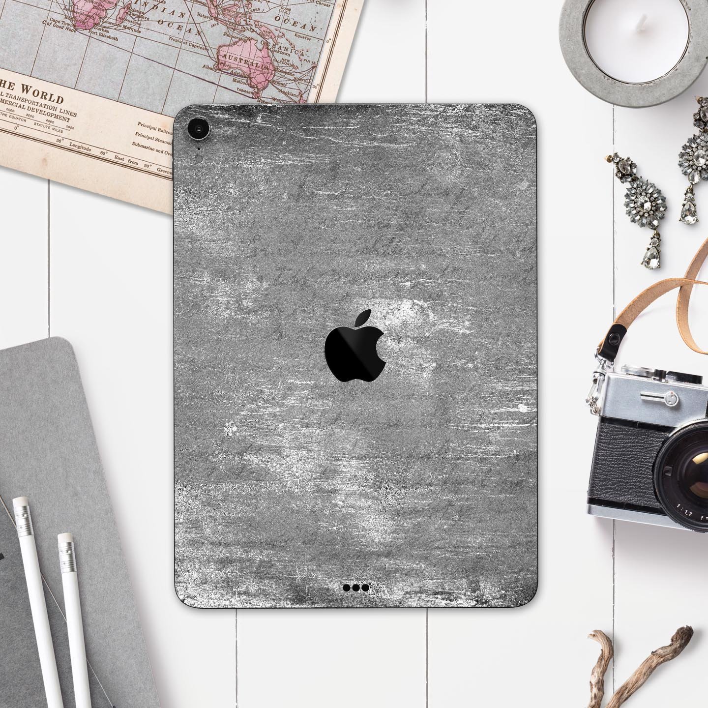 Distressed Silver Texture skin decal for Apple iPad, showcasing a sleek design and premium finish.