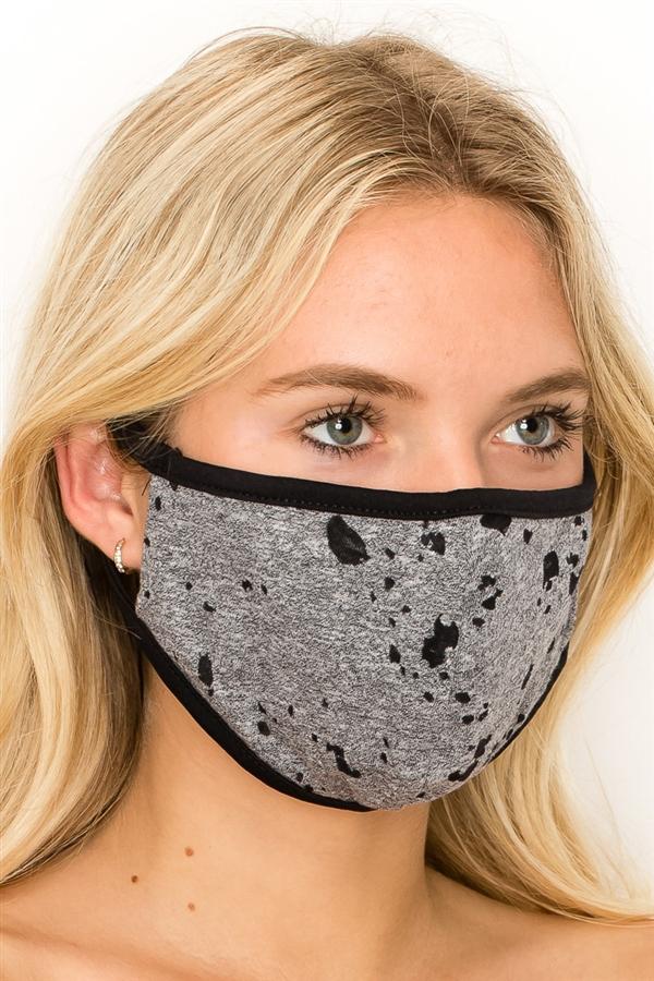 Distressed textured gray and black fashion mask with double-layer design, showcasing stylish pattern and adjustable ear loops.