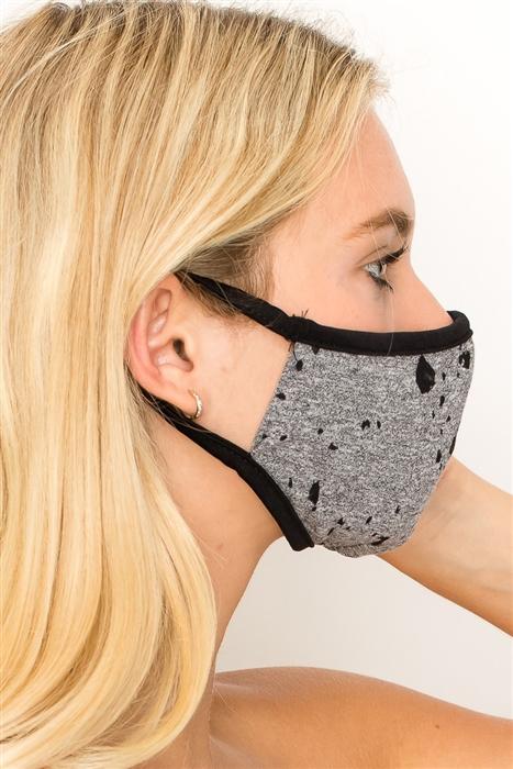 Distressed textured gray and black fashion mask with double-layer design, showcasing stylish pattern and adjustable ear loops.