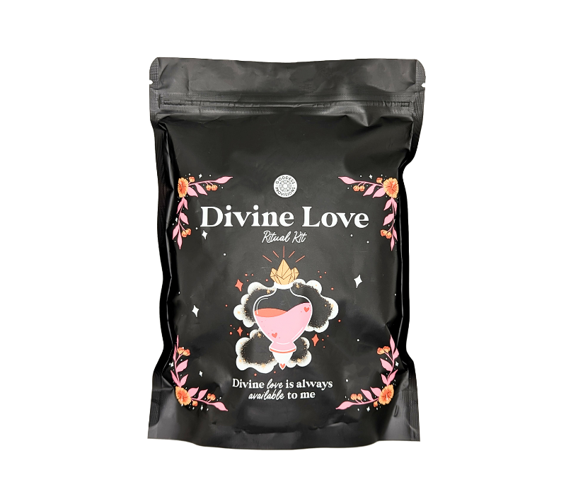 Divine Love Ritual Kit by Goddess Provisions featuring dried flowers, rose quartz, and a heart-shaped jar.