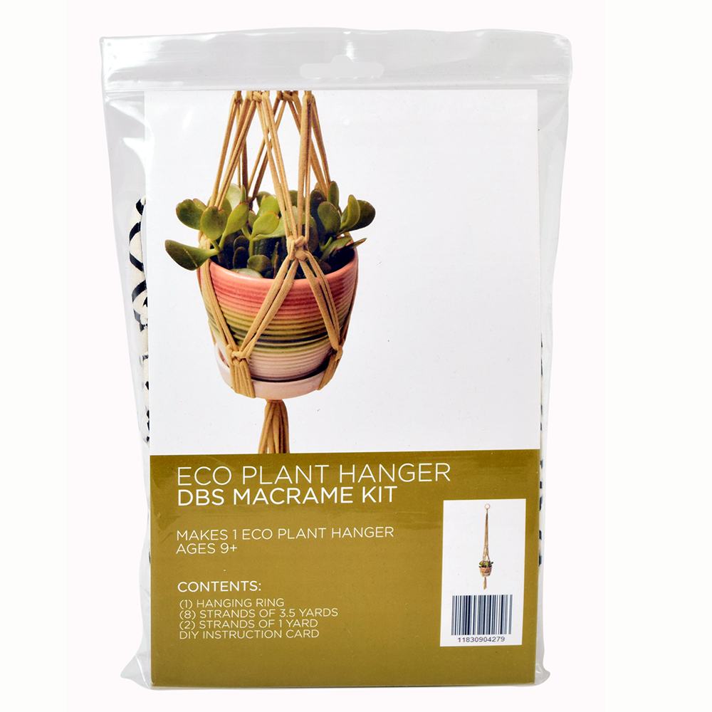 DIY Eco Macramé Plant Hanger Kit with eco-friendly materials and colorful cords displayed on a wooden surface.