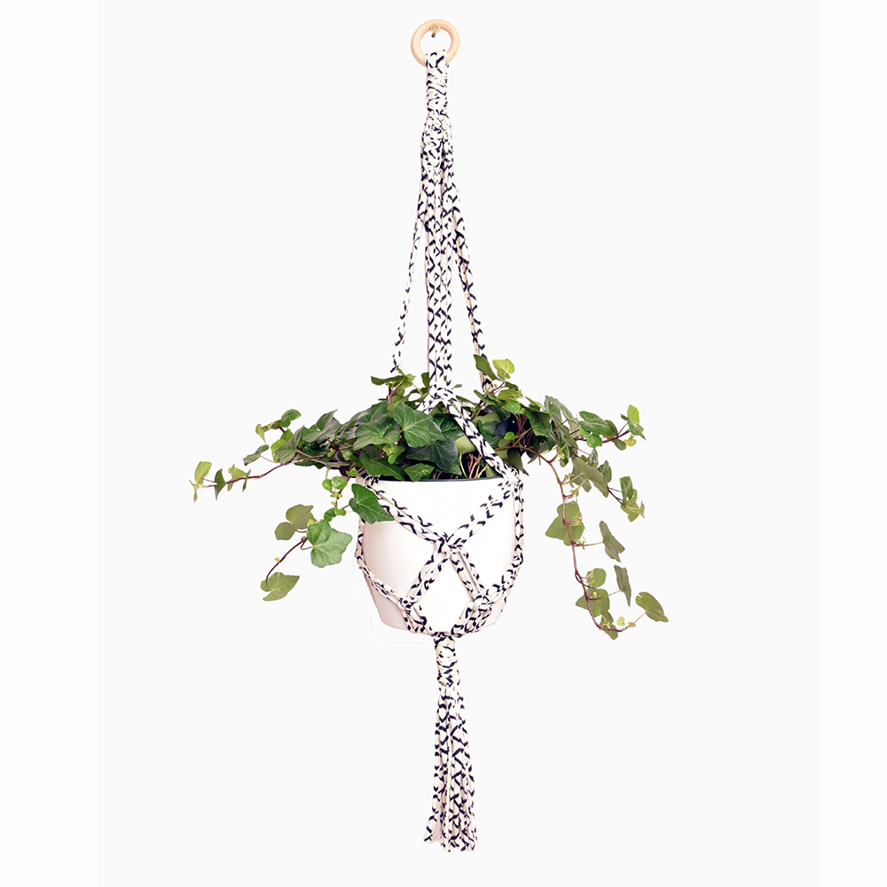 DIY Eco Macramé Plant Hanger Kit with eco-friendly materials and colorful cords displayed on a wooden surface.