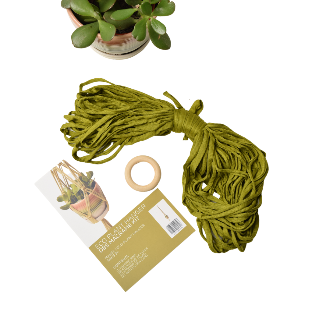 DIY Eco Macramé Plant Hanger Kit with eco-friendly materials and colorful cords displayed on a wooden surface.