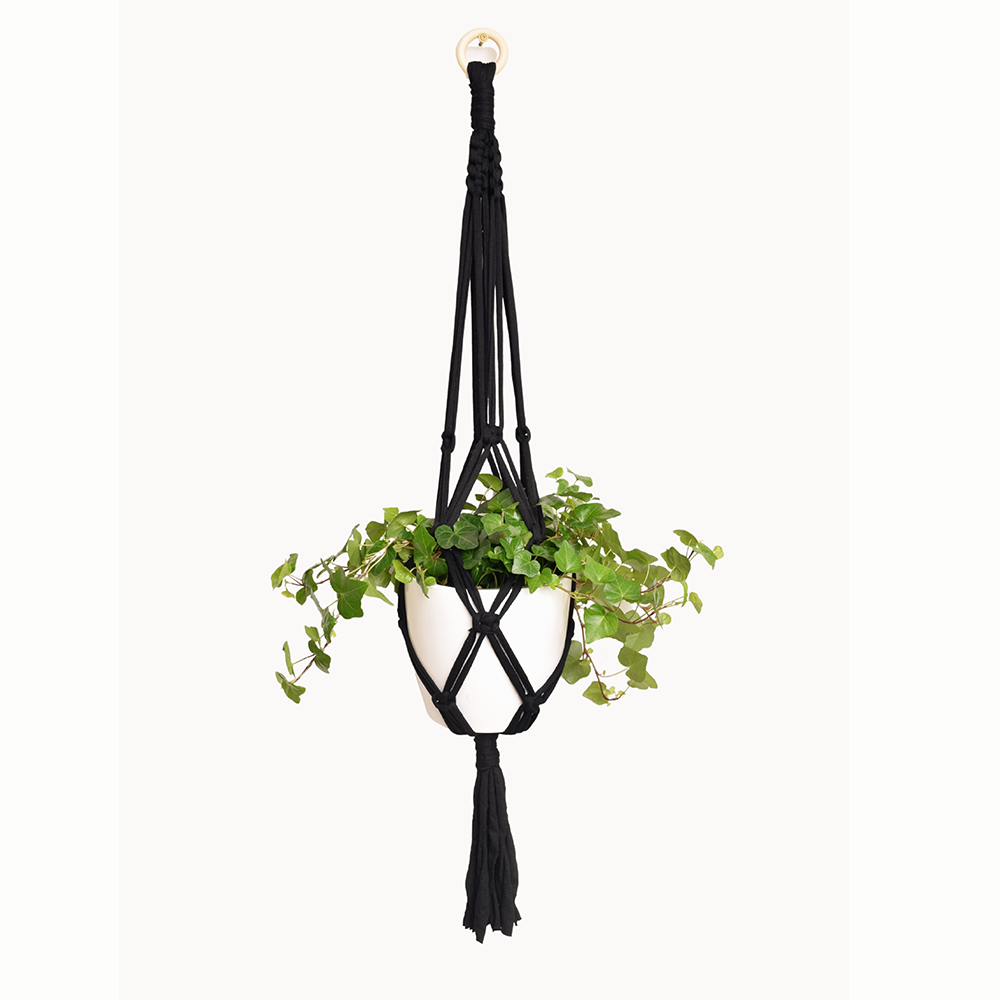 DIY Eco Macramé Plant Hanger Kit with eco-friendly materials and colorful cords displayed on a wooden surface.