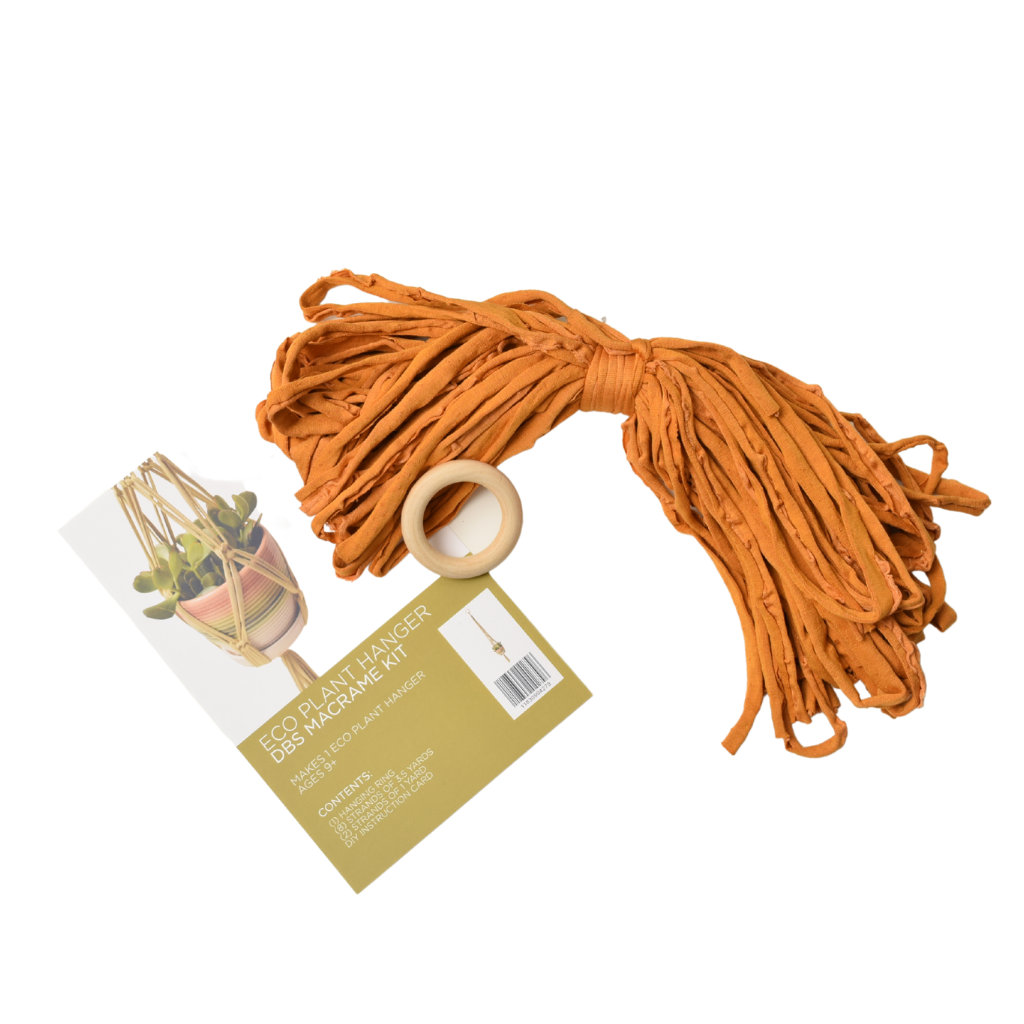 DIY Eco Macramé Plant Hanger Kit with eco-friendly materials and colorful cords displayed on a wooden surface.