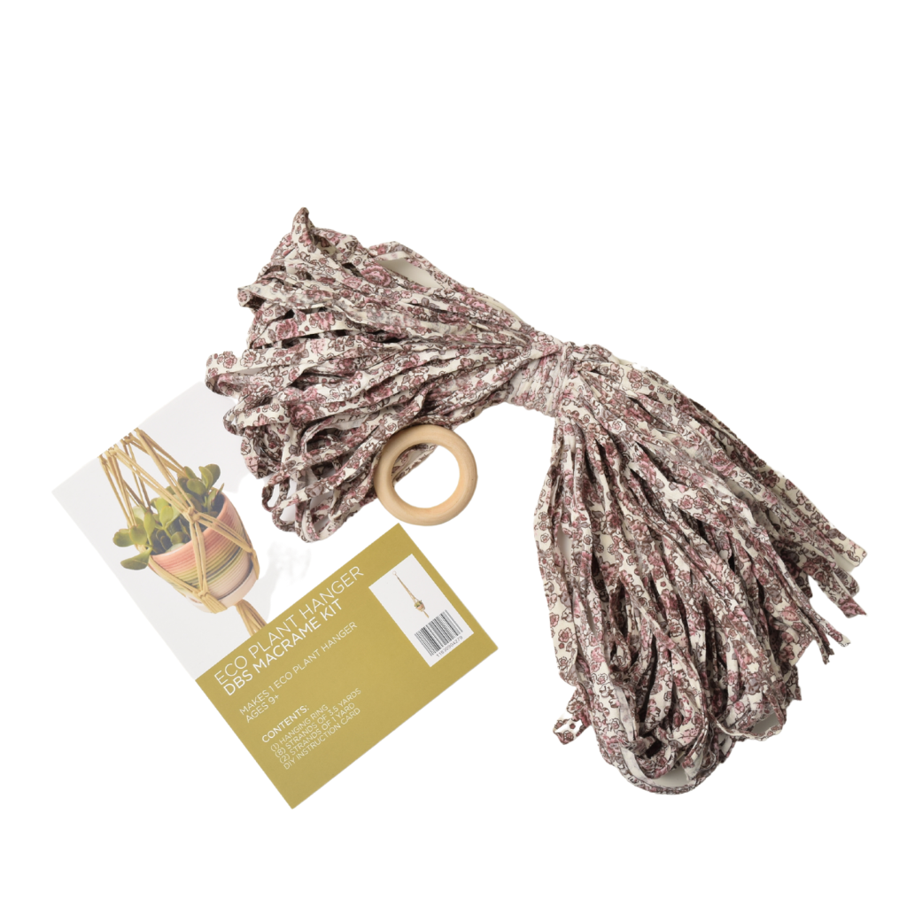 DIY Eco Macramé Plant Hanger Kit with eco-friendly materials and colorful cords displayed on a wooden surface.