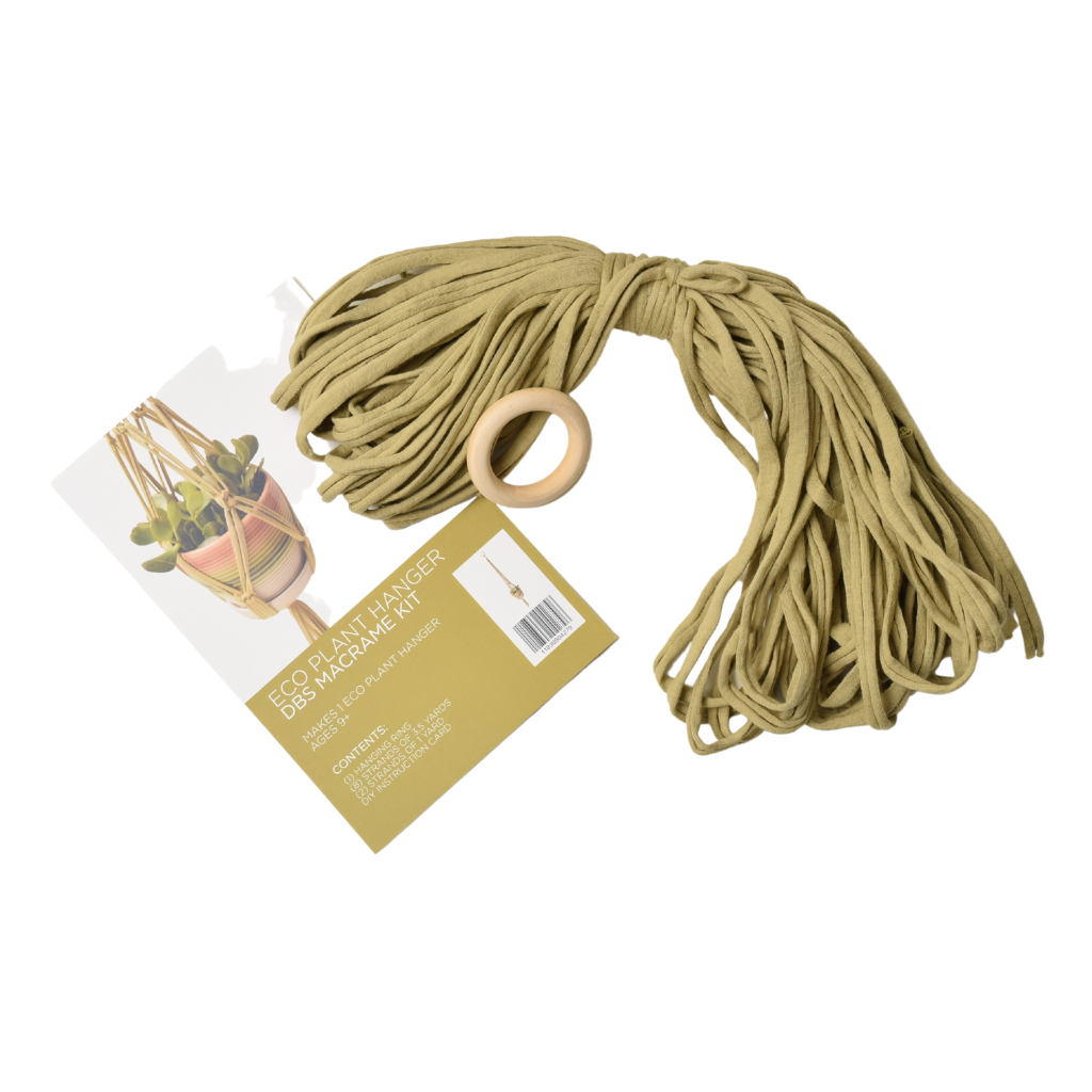 DIY Eco Macramé Plant Hanger Kit with eco-friendly materials and colorful cords displayed on a wooden surface.