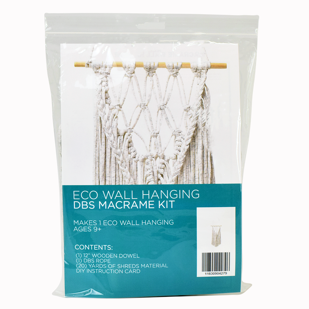 DIY Eco Macramé Wall Hanging Kit with colorful upcycled materials and wooden dowel, perfect for creative home decor.