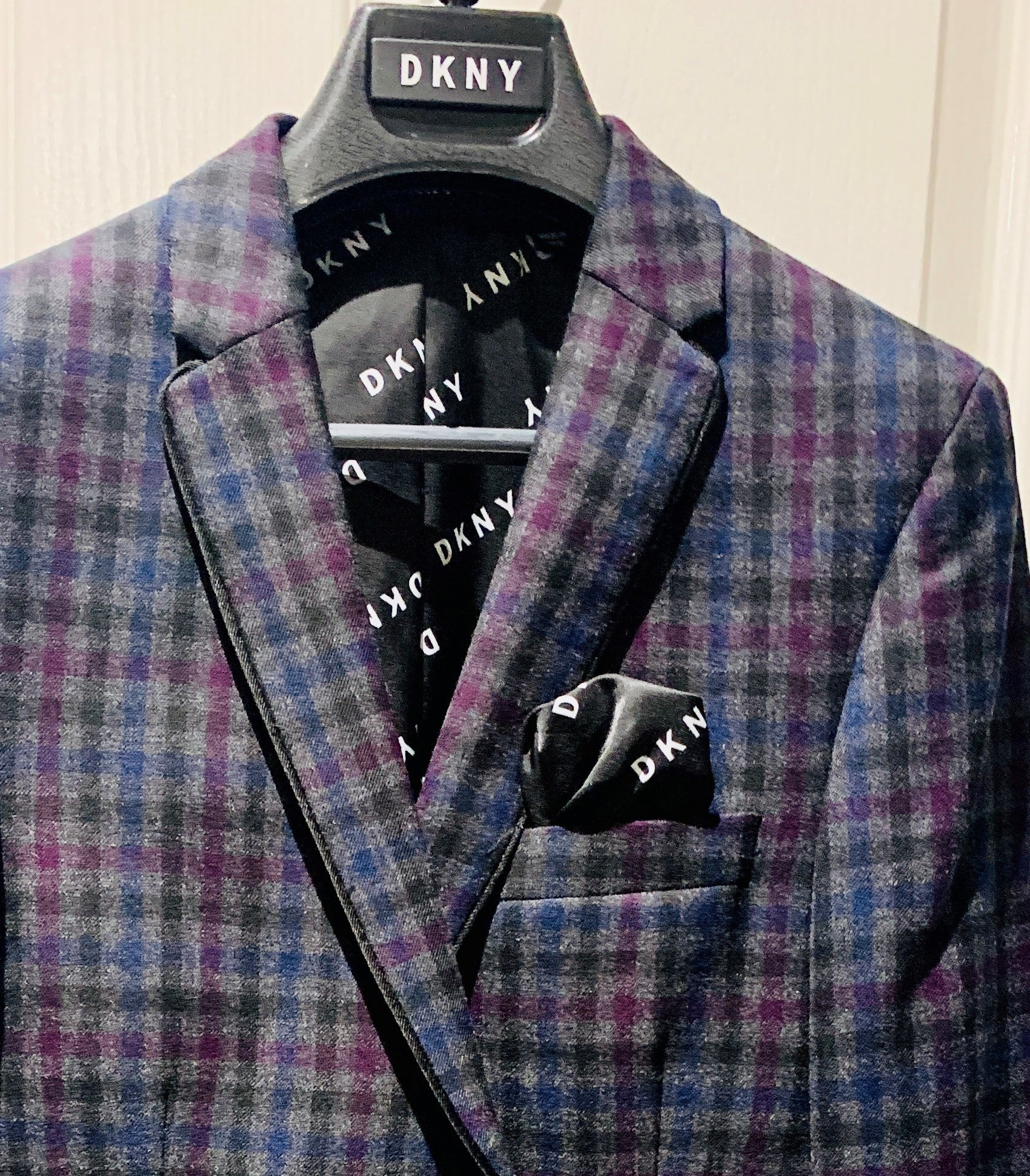 DKNY Big Boys Plaid-Print Jacket featuring classic notched lapels and tailored silhouette in a stylish plaid design.