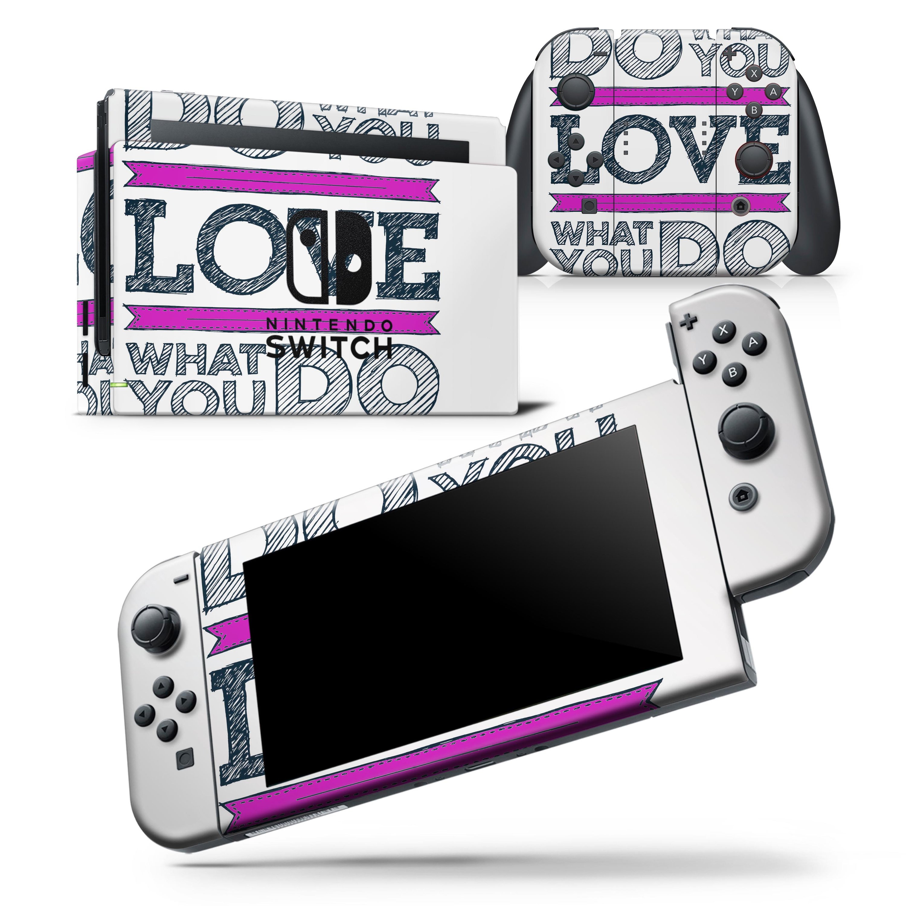 Do What You Love What You Do Pink V2 Skin Wrap Decal for Nintendo Switch, showcasing a vibrant design and premium vinyl material.