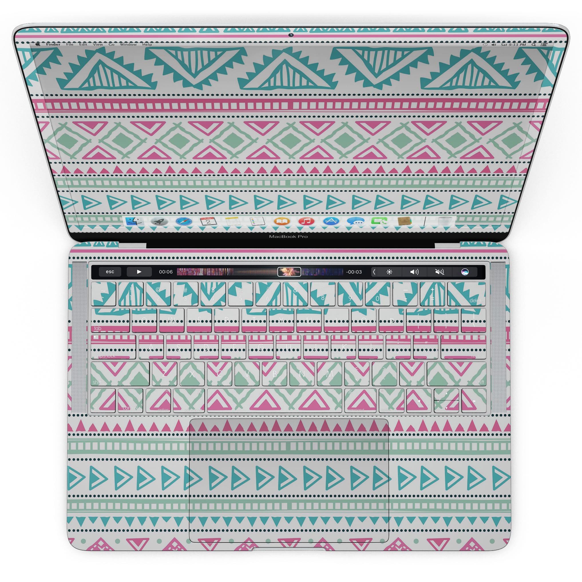 Doodle Aztec Pattern skin kit for MacBook Pro with Touch Bar, showcasing vibrant colors and intricate design.