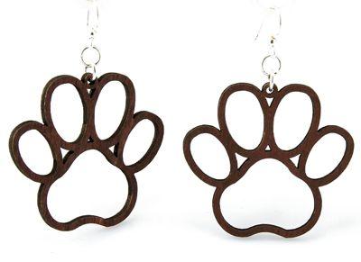 A pair of stylish dog paw earrings made from sustainable wood, featuring a laser-cut design and hypoallergenic stainless steel ear wires.