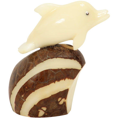 Hand-carved Dolphin Tagua Nut Figurine from Ecuador, showcasing intricate details and natural colors, symbolizing eco-friendliness.