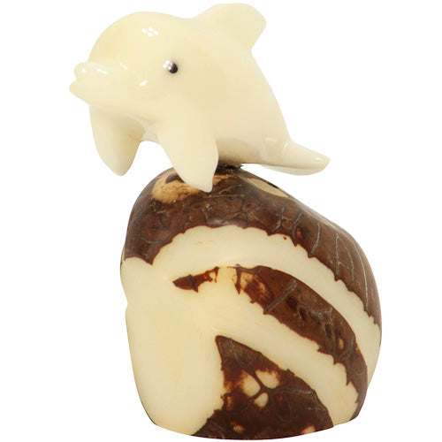 Hand-carved Dolphin Tagua Nut Figurine from Ecuador, showcasing intricate details and natural colors, symbolizing eco-friendliness.