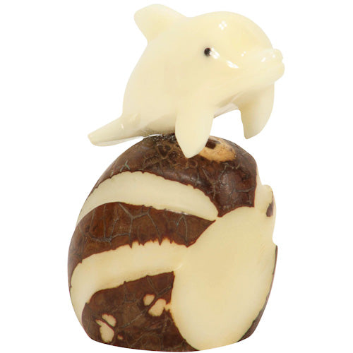 Hand-carved Dolphin Tagua Nut Figurine from Ecuador, showcasing intricate details and natural colors, symbolizing eco-friendliness.