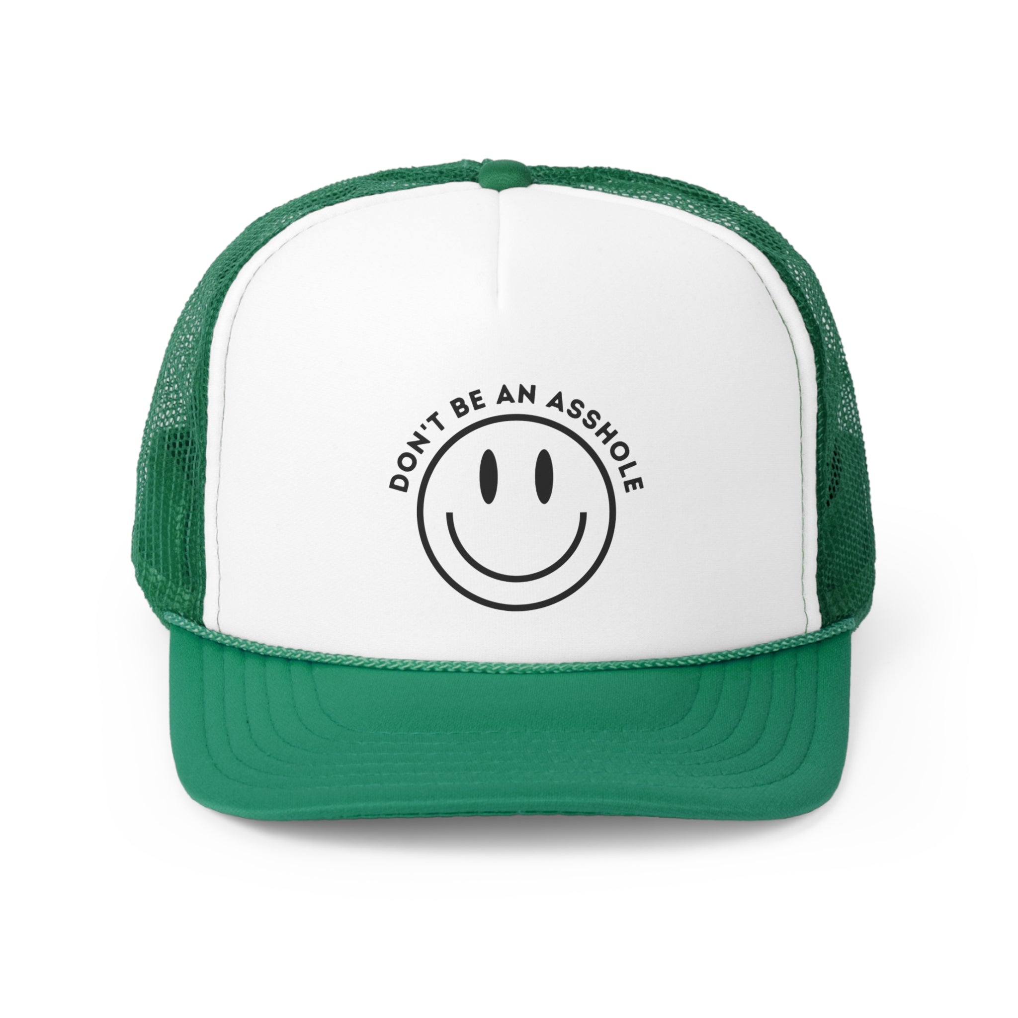 A humorous trucker hat with the phrase 'Don't Be An Asshole' embroidered on the front, featuring a durable polyester front and breathable mesh back.