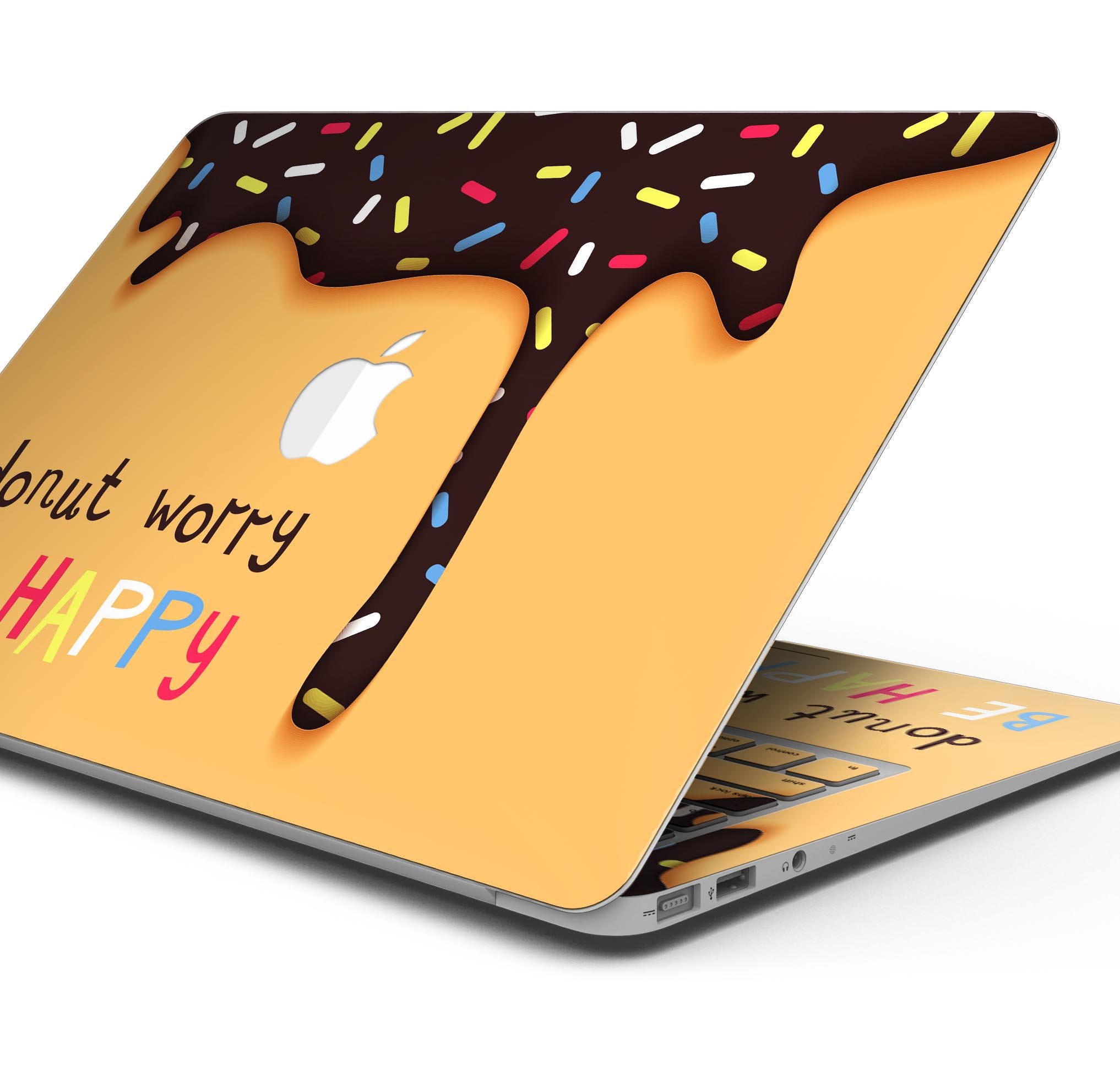 Donut Worry Be Happy skin decal wrap kit for Apple MacBook, showcasing vibrant design and premium vinyl material.