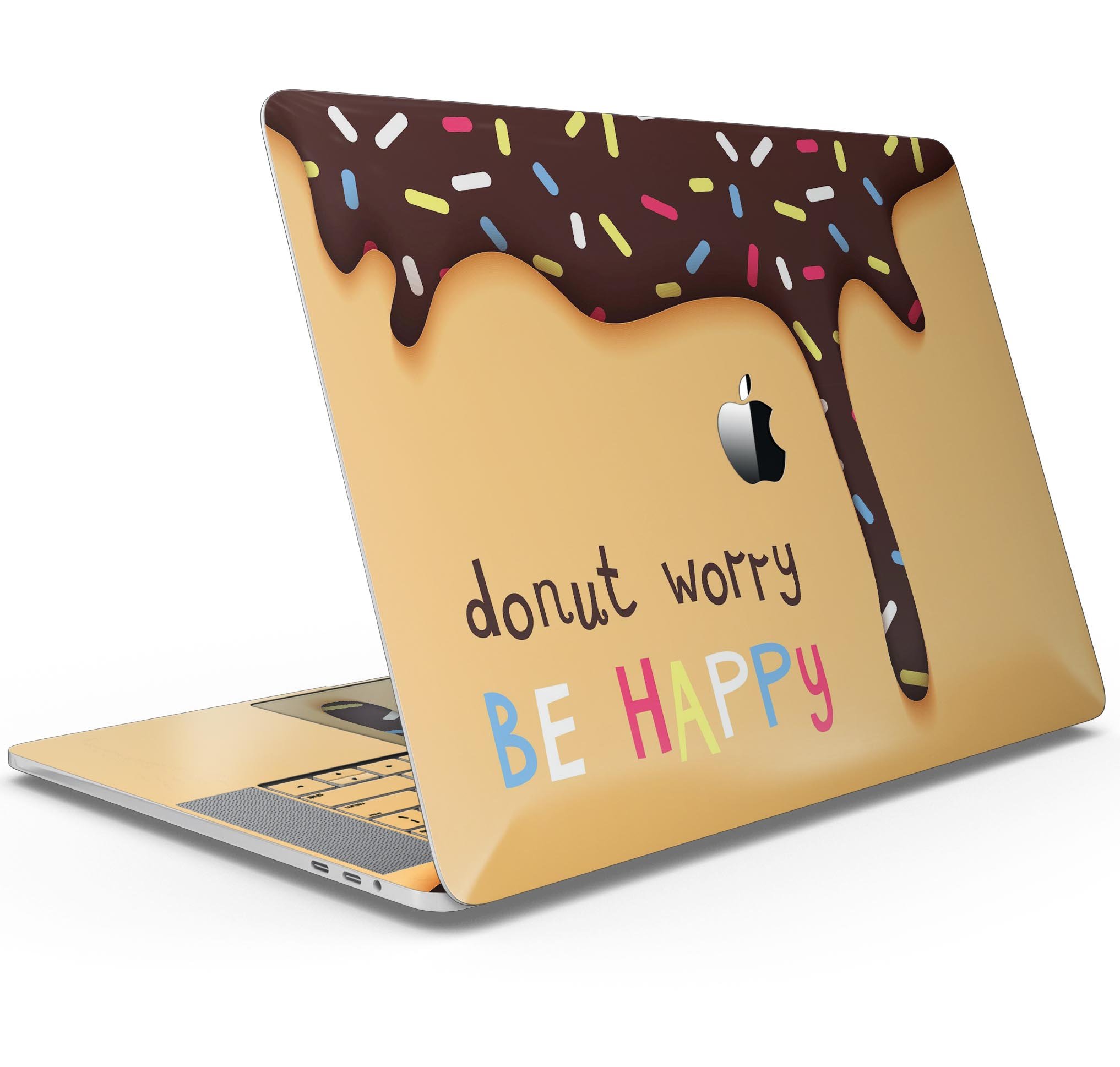 Donut Worry Be Happy skin decal wrap kit for Apple MacBook, showcasing vibrant design and premium vinyl material.