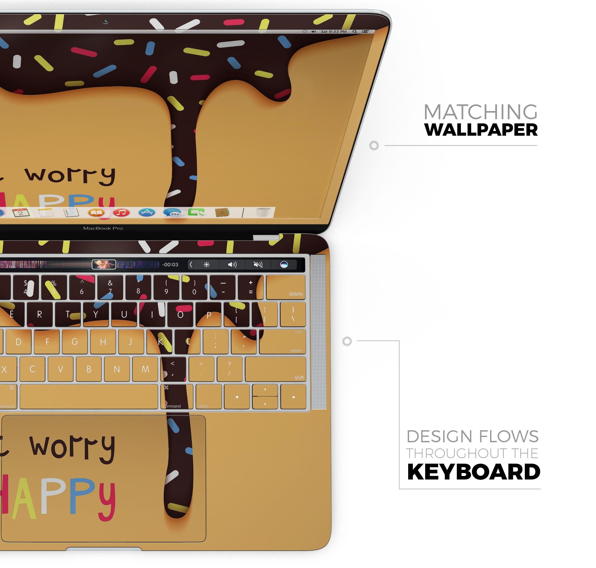 Donut Worry Be Happy skin decal wrap kit for Apple MacBook, showcasing vibrant design and premium vinyl material.