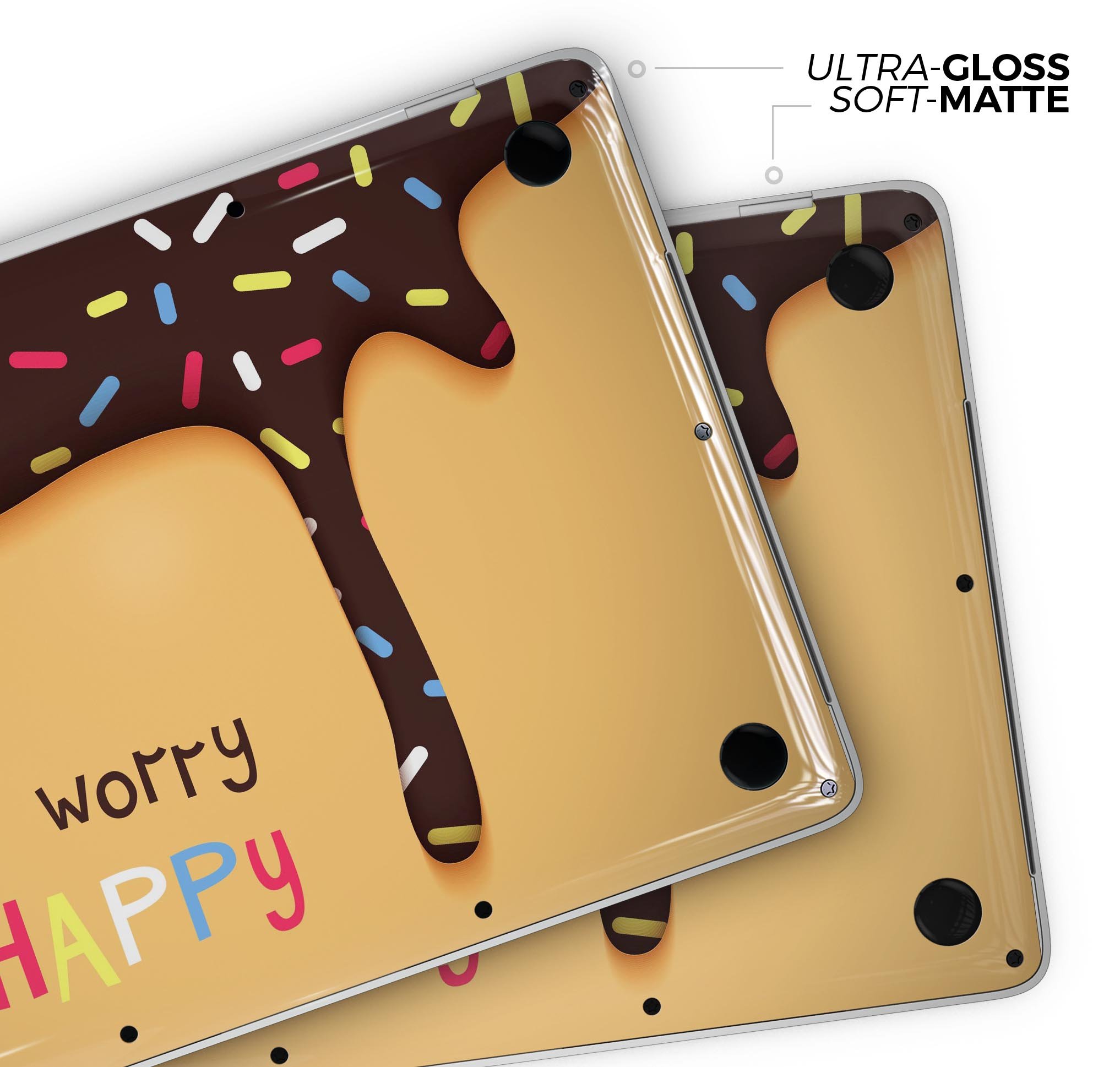 Donut Worry Be Happy skin decal wrap kit for Apple MacBook, showcasing vibrant design and premium vinyl material.