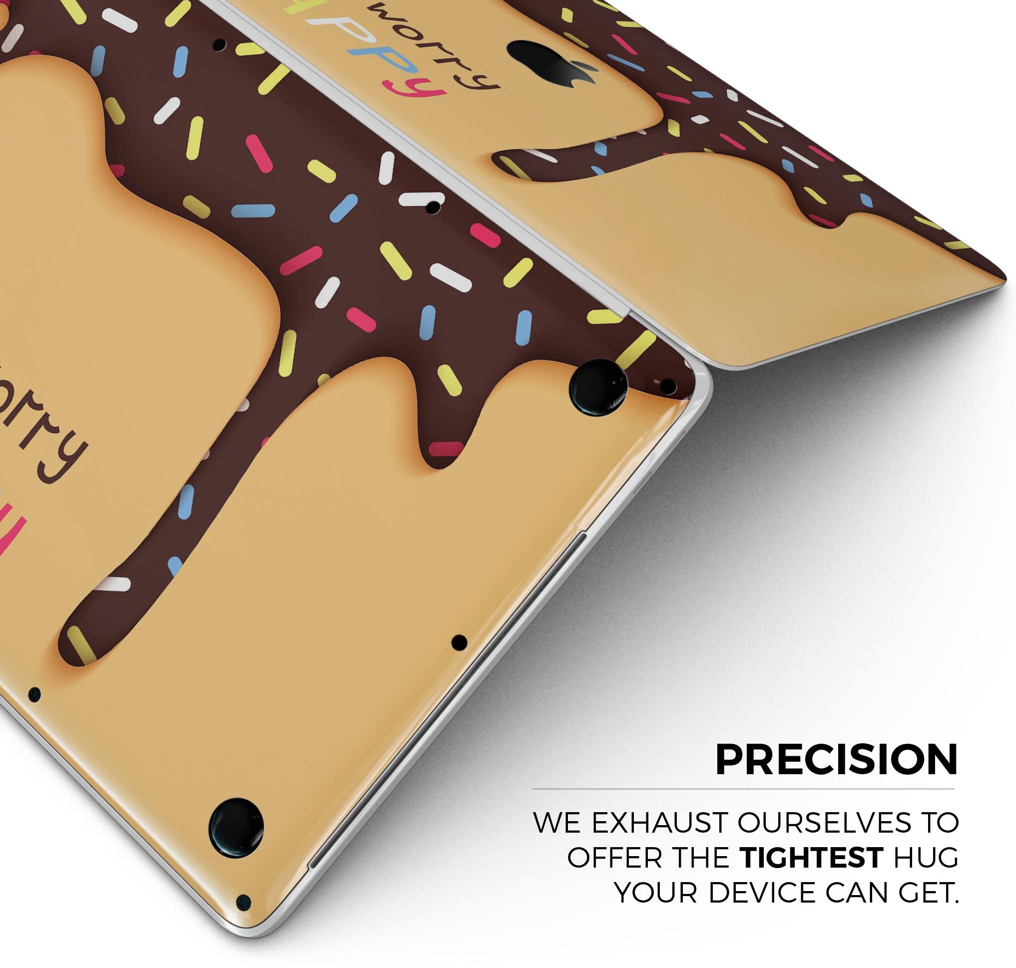 Donut Worry Be Happy skin decal wrap kit for Apple MacBook, showcasing vibrant design and premium vinyl material.