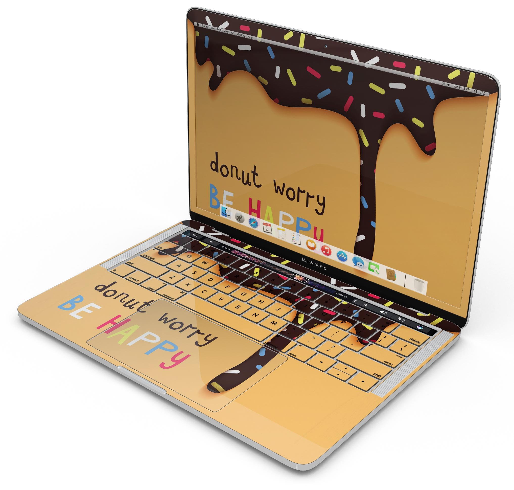 Donut Worry Be Happy skin decal wrap kit for Apple MacBook, showcasing vibrant design and premium vinyl material.