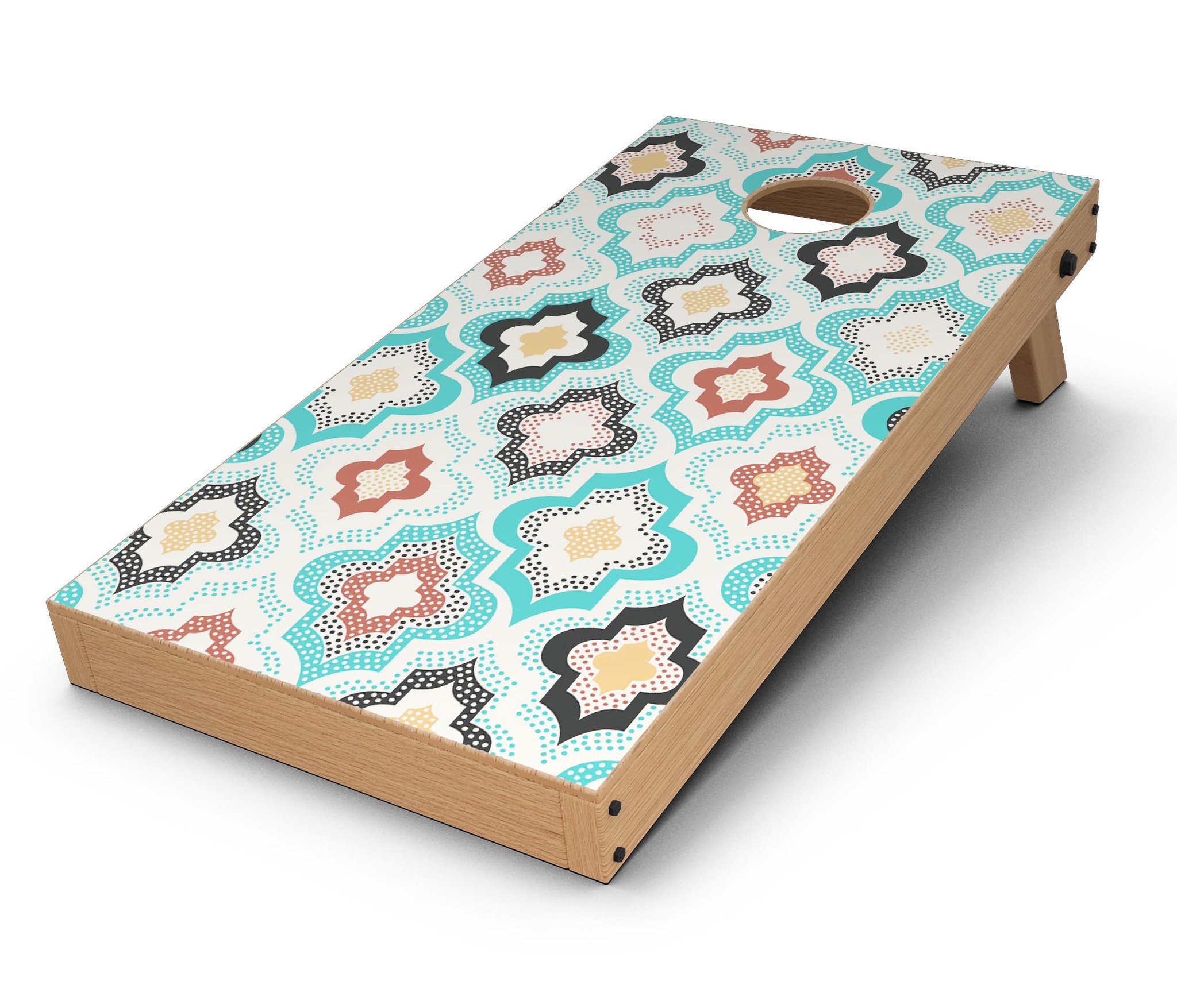 Dotted Moroccan pattern CornHole Board Skin Decal Kit displayed on a Cornhole board, showcasing vibrant colors and intricate design.