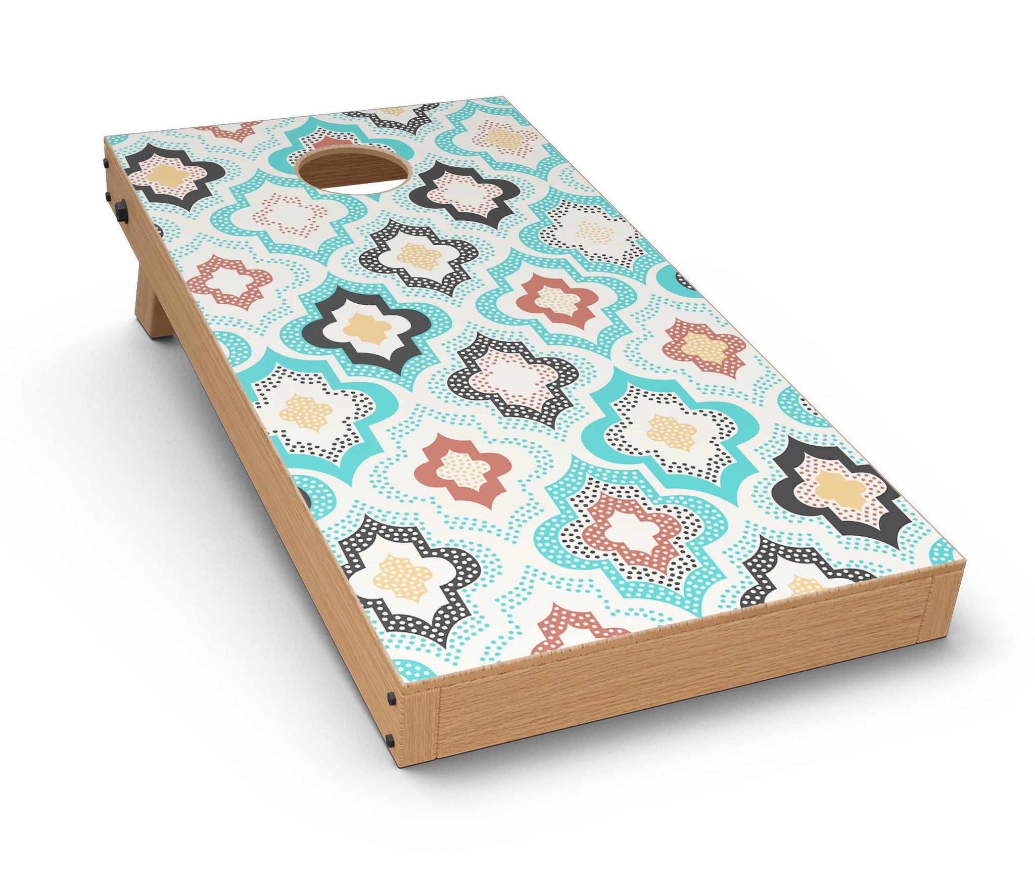 Dotted Moroccan pattern CornHole Board Skin Decal Kit displayed on a Cornhole board, showcasing vibrant colors and intricate design.