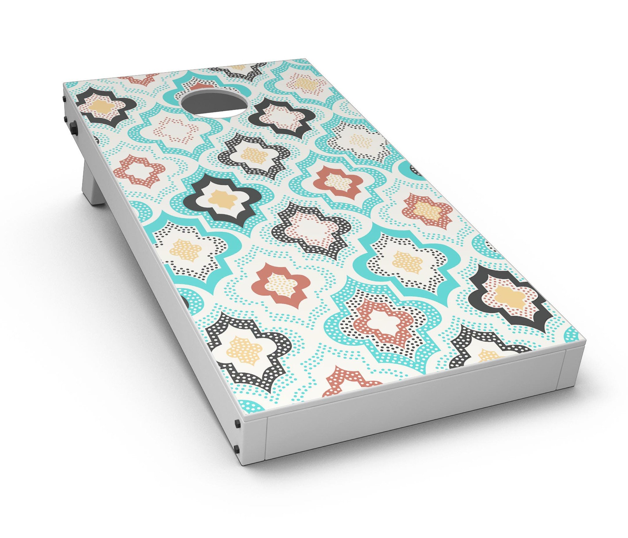 Dotted Moroccan pattern CornHole Board Skin Decal Kit displayed on a Cornhole board, showcasing vibrant colors and intricate design.