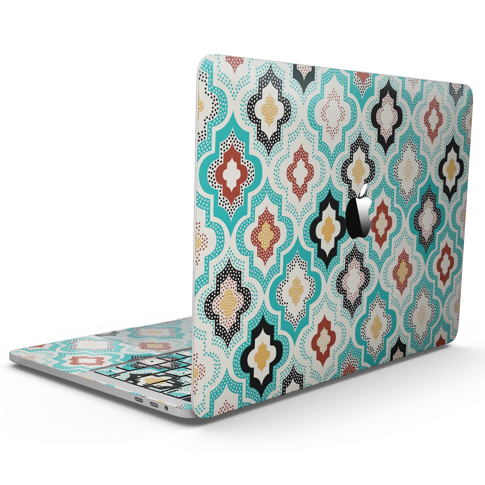 Dotted Moroccan pattern skin kit for MacBook Pro with Touch Bar, showcasing vibrant design and premium vinyl material.