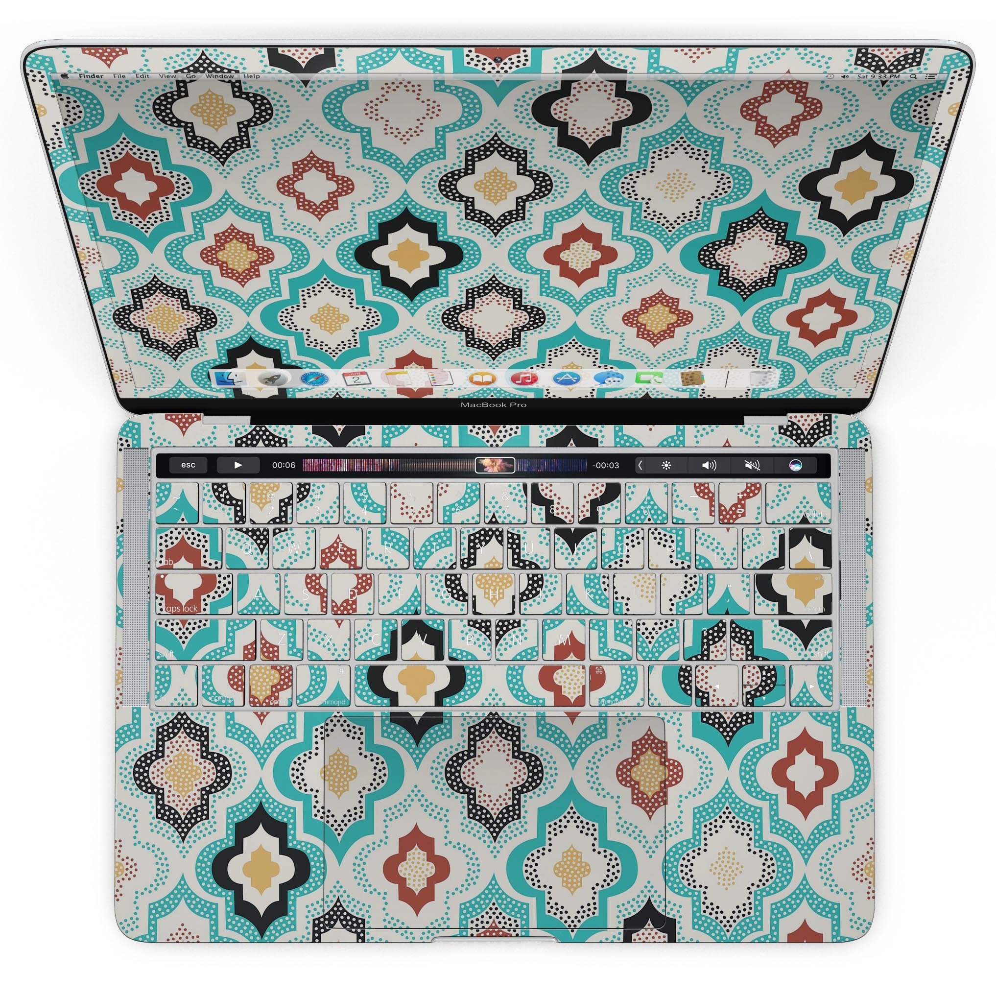 Dotted Moroccan pattern skin kit for MacBook Pro with Touch Bar, showcasing vibrant design and premium vinyl material.