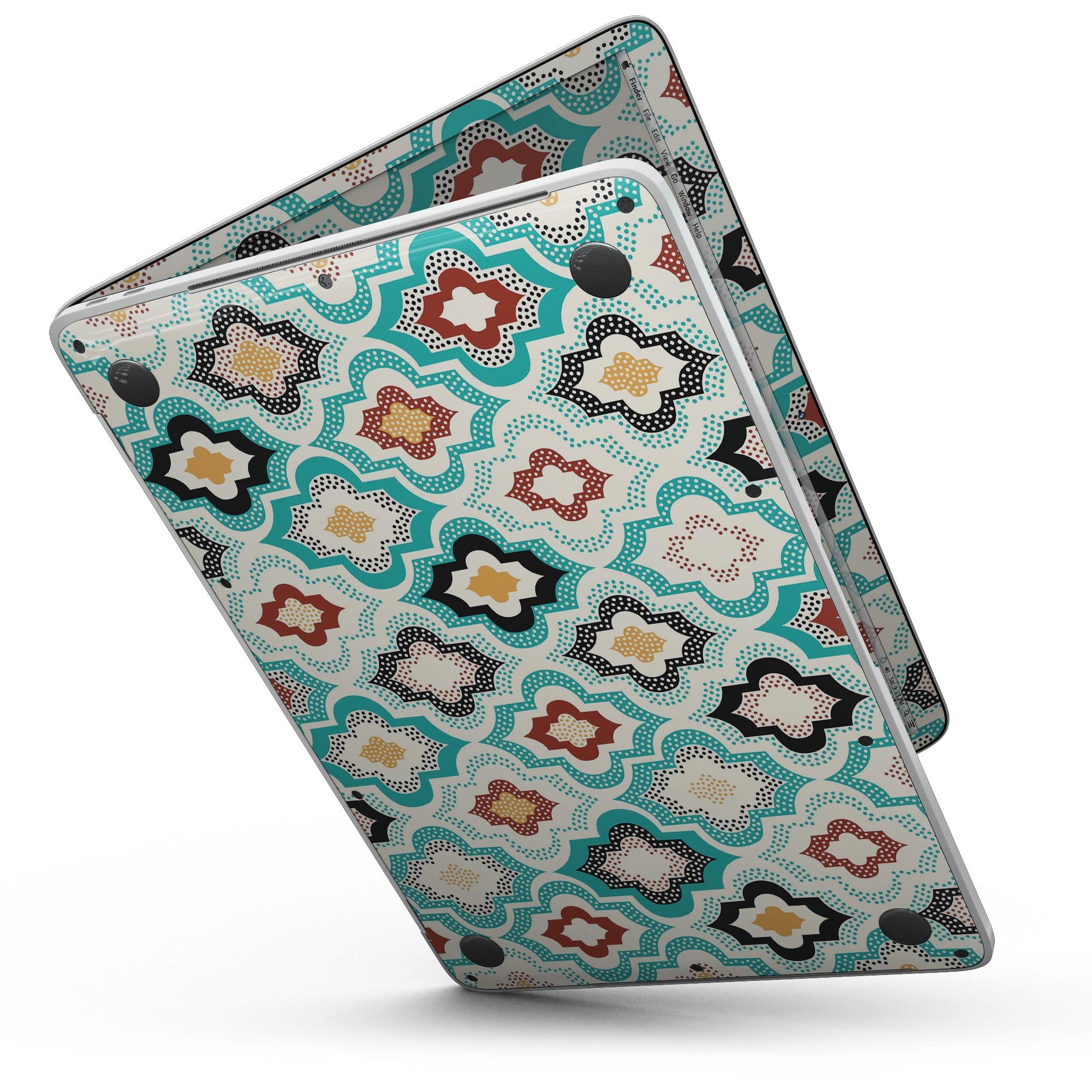 Dotted Moroccan pattern skin kit for MacBook Pro with Touch Bar, showcasing vibrant design and premium vinyl material.