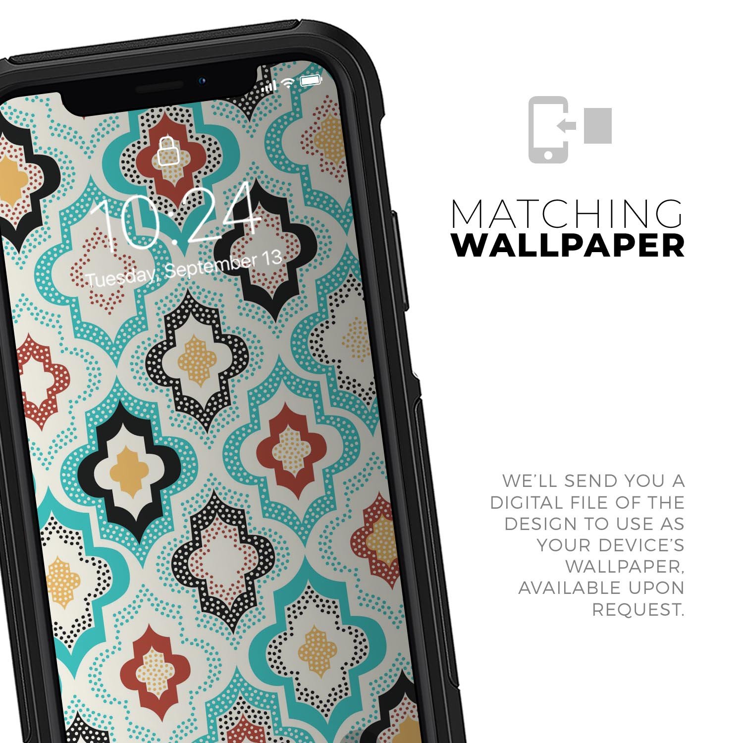 Dotted Moroccan pattern skin kit for iPhone OtterBox cases, showcasing intricate design and premium quality materials.