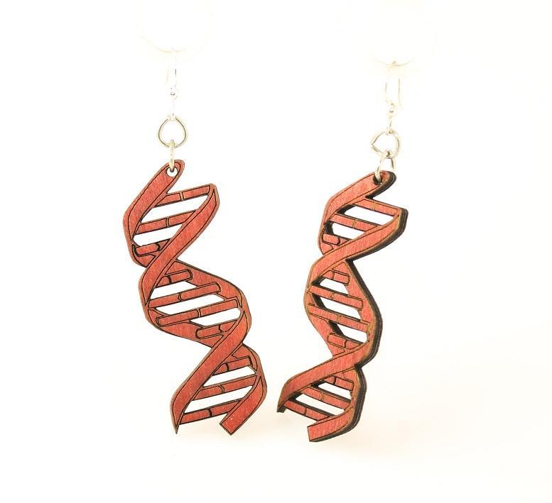 A pair of elegant Double Helix Earrings made from sustainably sourced wood, featuring a vibrant Cherry Red color and silver-finished hypoallergenic ear wires.