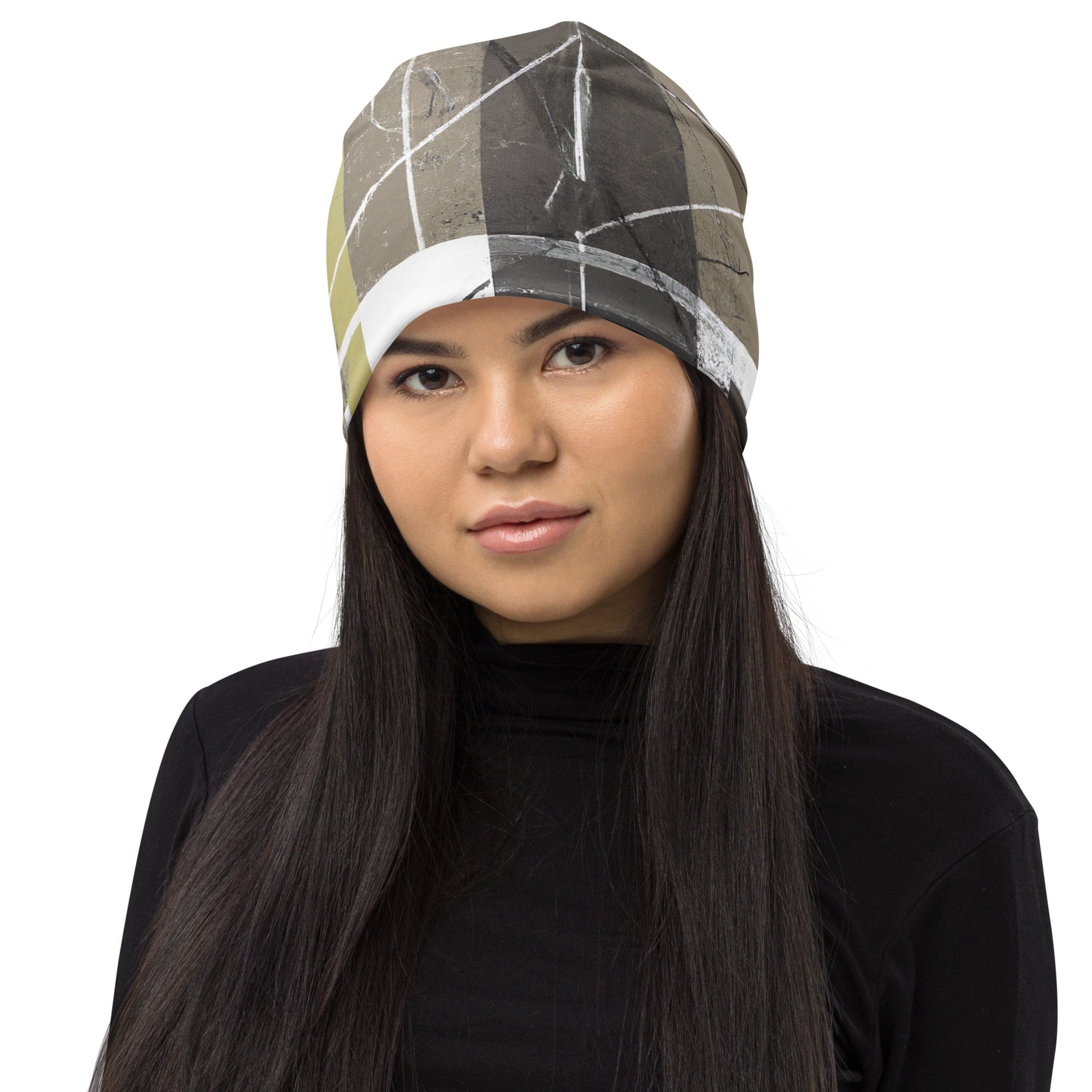 Double-layered beanie hat with abstract brown geometric shapes, perfect for winter fashion.