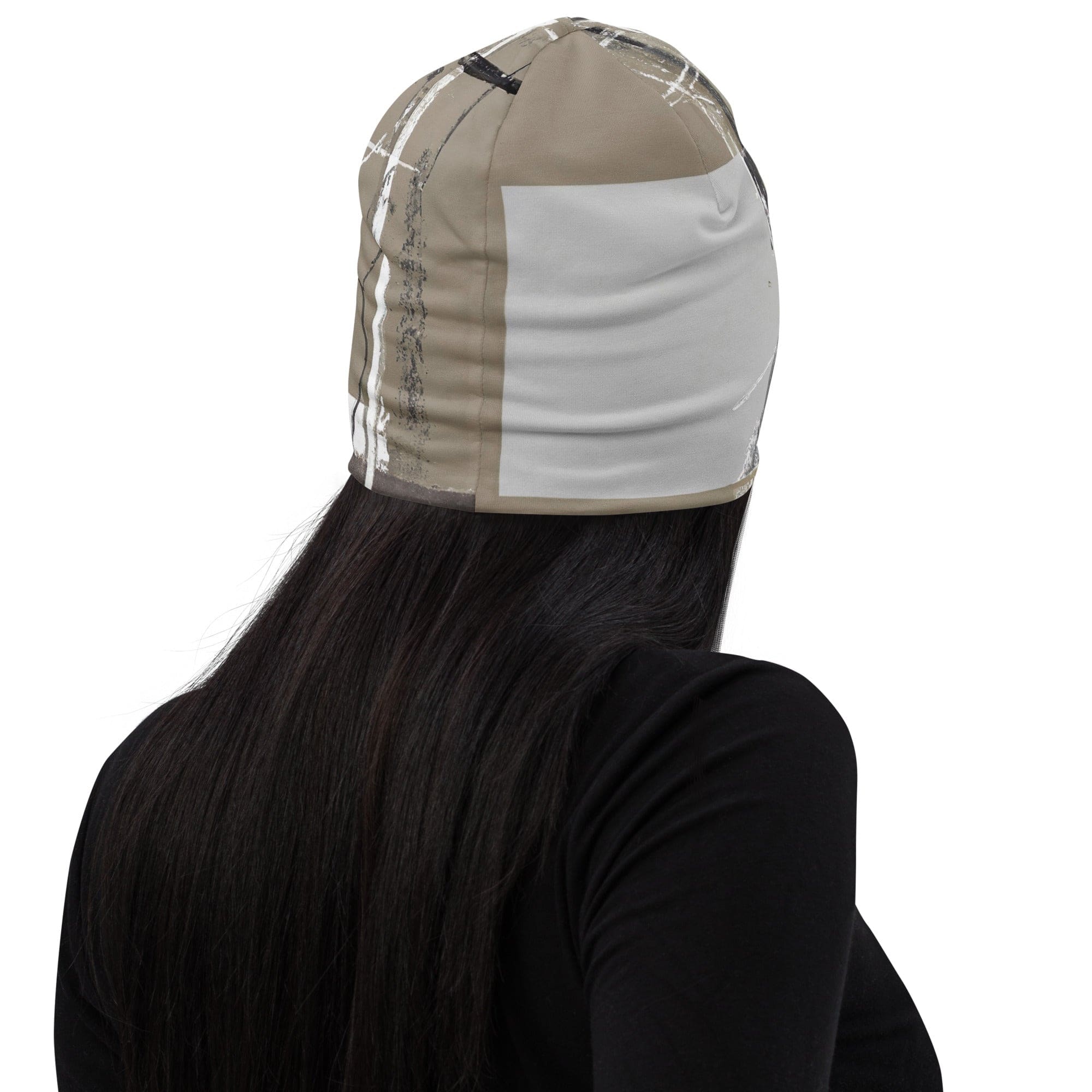 Double-layered beanie hat with abstract brown geometric shapes, perfect for winter fashion.