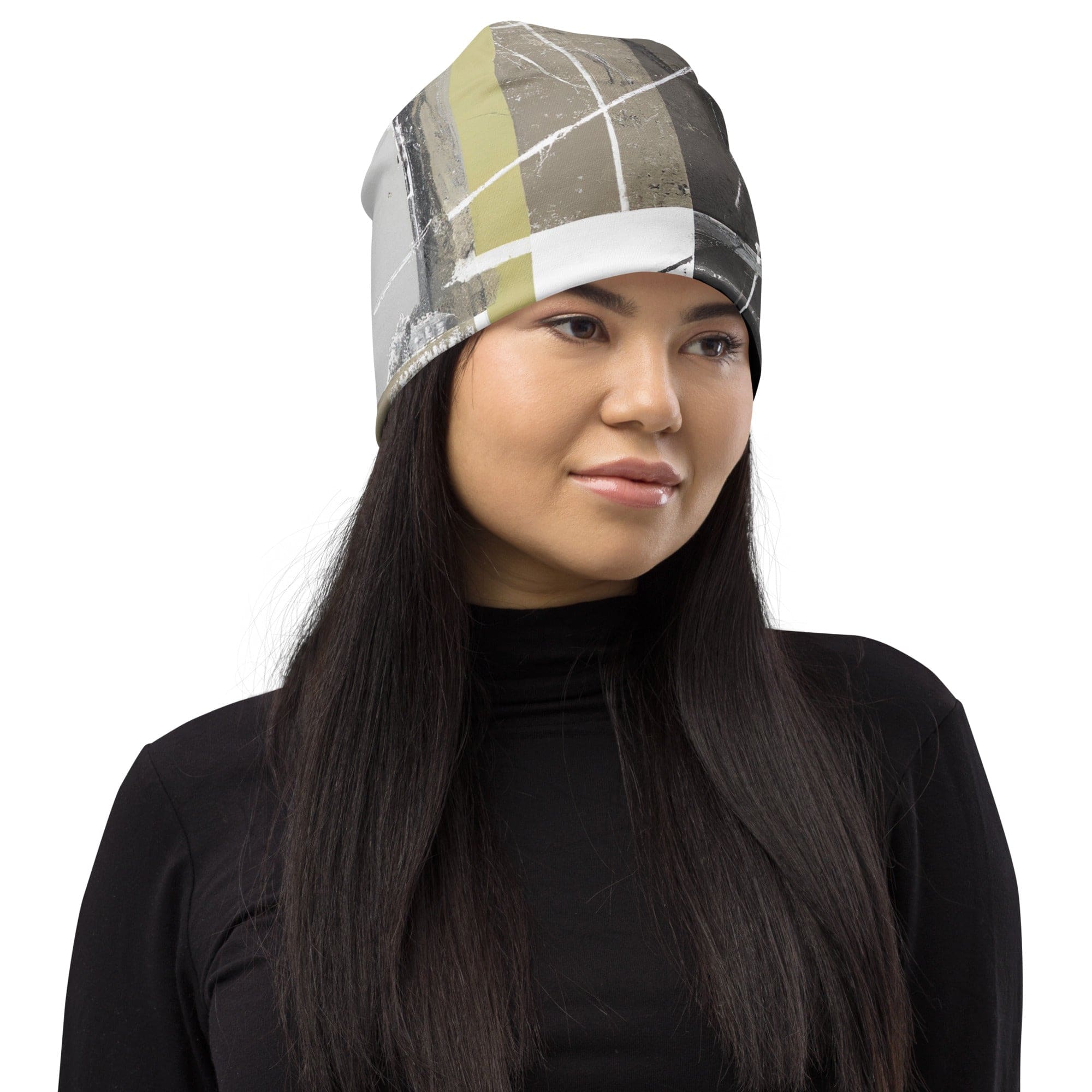 Double-layered beanie hat with abstract brown geometric shapes, perfect for winter fashion.