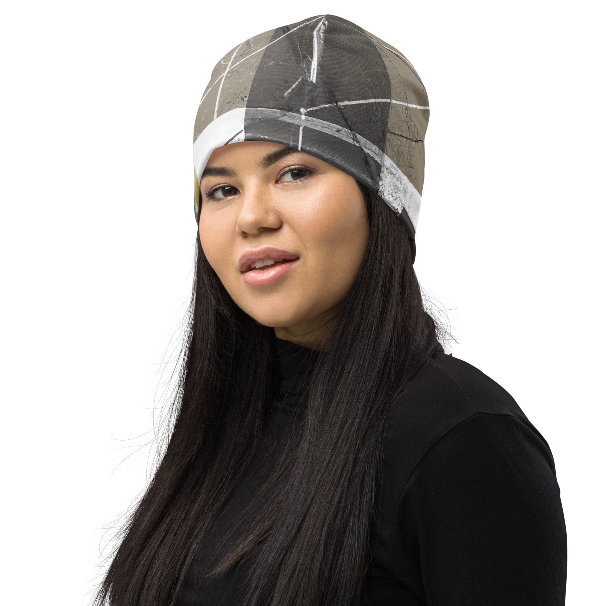 Double-layered beanie hat with abstract brown geometric shapes, perfect for winter fashion.