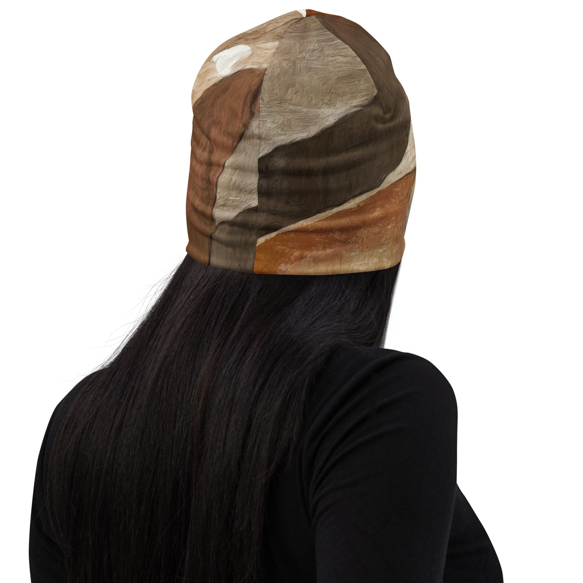 Double-layered beanie hat featuring an abstract stone print design, showcasing its soft fabric and stylish appearance.