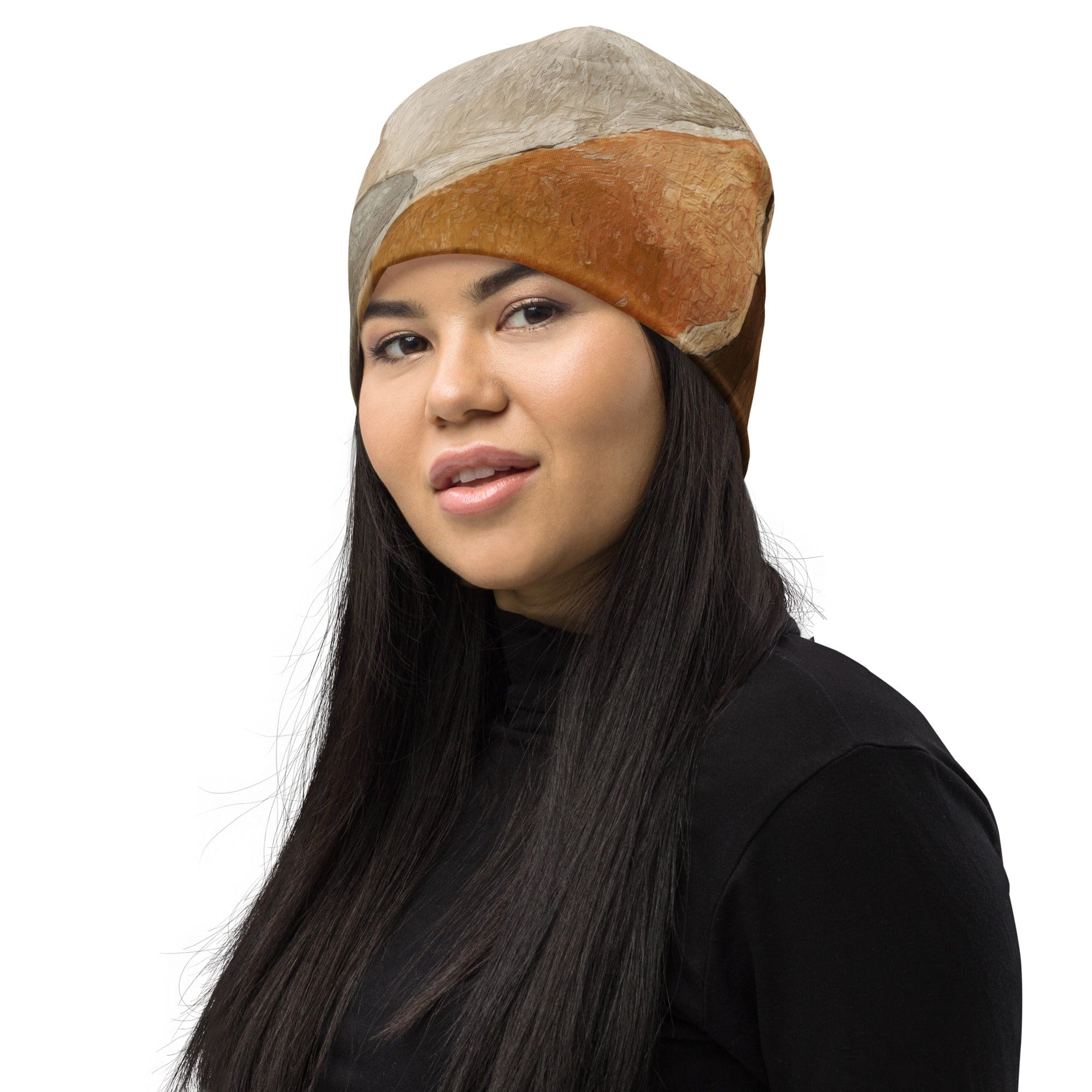 Double-layered beanie hat featuring an abstract stone print design, showcasing its soft fabric and stylish appearance.